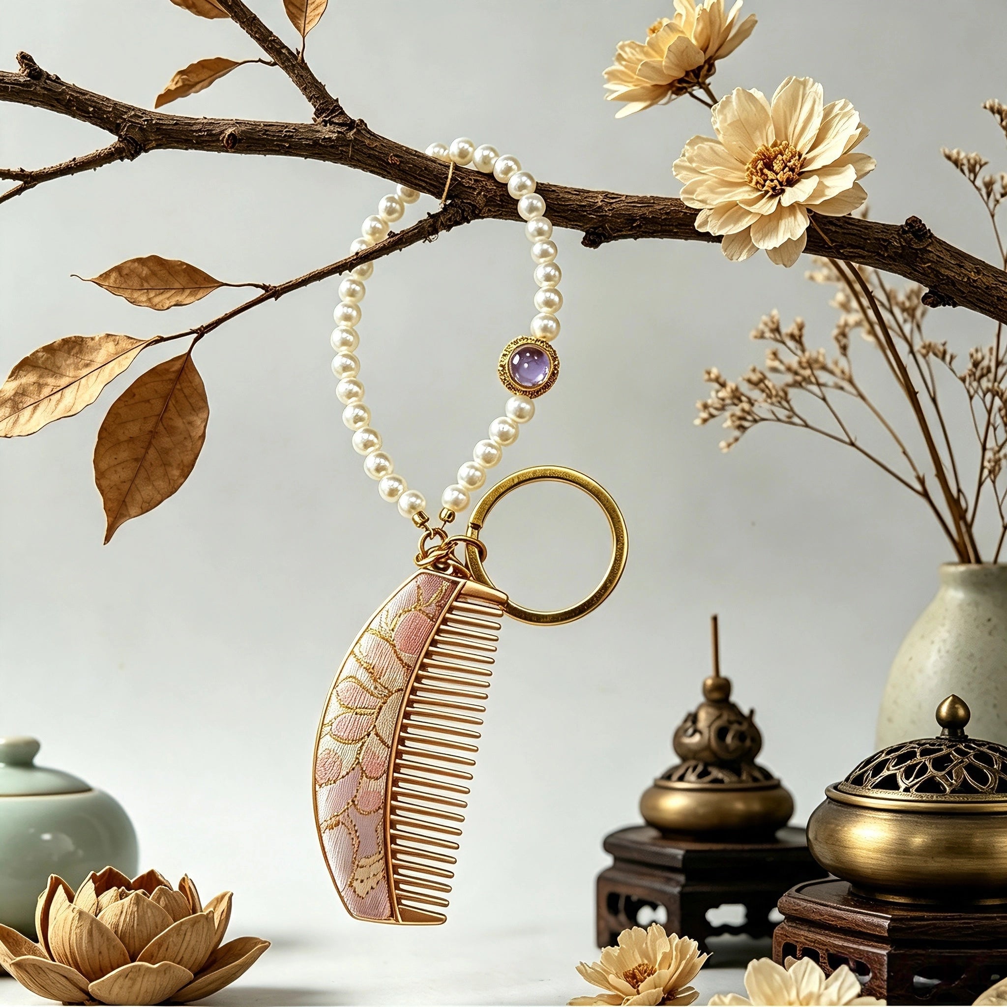  These mini comb keychains are crafted with elegant Chinese Song brocade fabric, showcasing classic traditional patterns in soft green, blush pink, and vintage cream tones. Each delicate hair comb pendant is matched with a glossy pearl lanyard and golden hardware, blending ancient oriental aesthetics with portable daily accessory design. A charming small heritage-style ornament perfect for bags, keys and gifting.