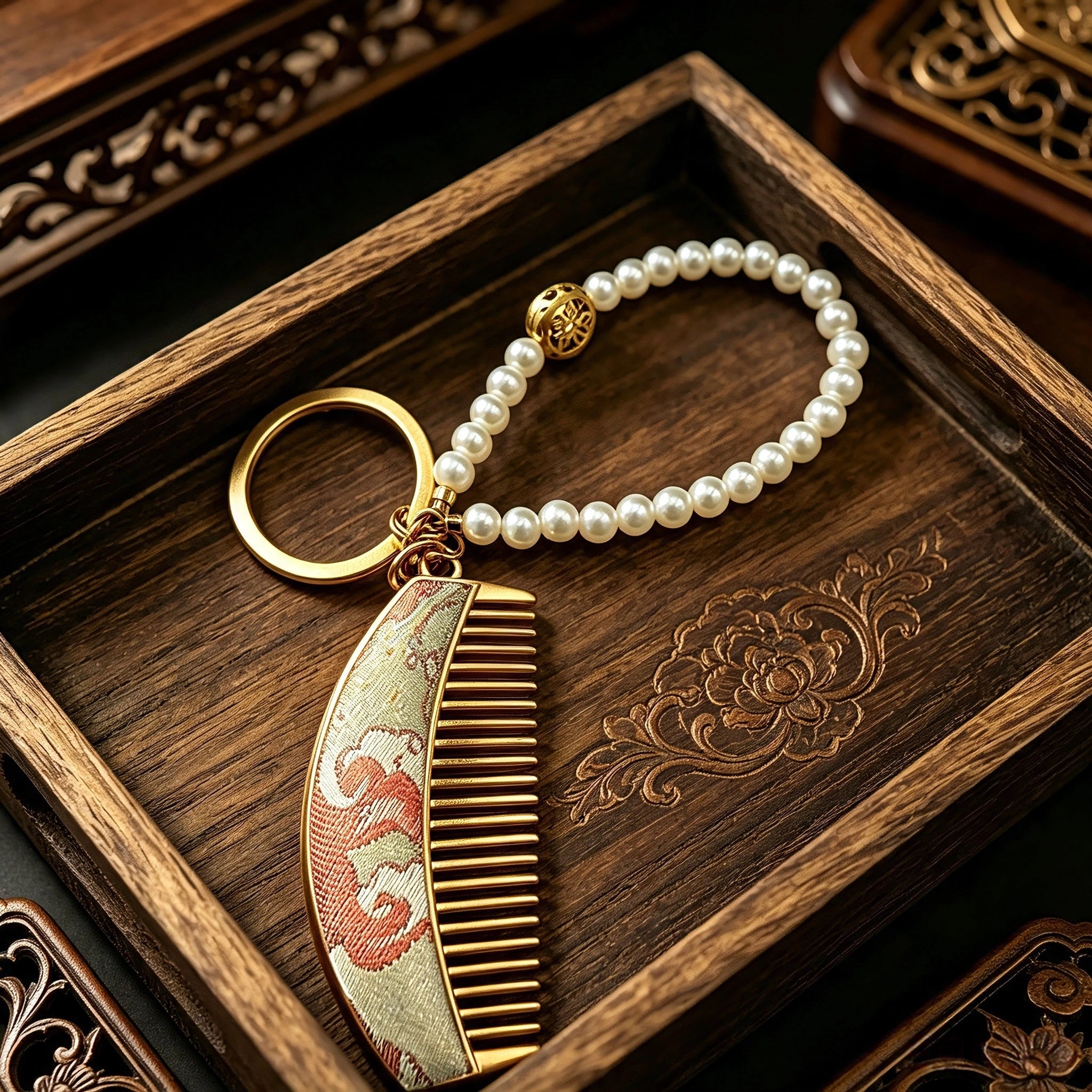  These mini comb keychains are crafted with elegant Chinese Song brocade fabric, showcasing classic traditional patterns in soft green, blush pink, and vintage cream tones. Each delicate hair comb pendant is matched with a glossy pearl lanyard and golden hardware, blending ancient oriental aesthetics with portable daily accessory design. A charming small heritage-style ornament perfect for bags, keys and gifting.