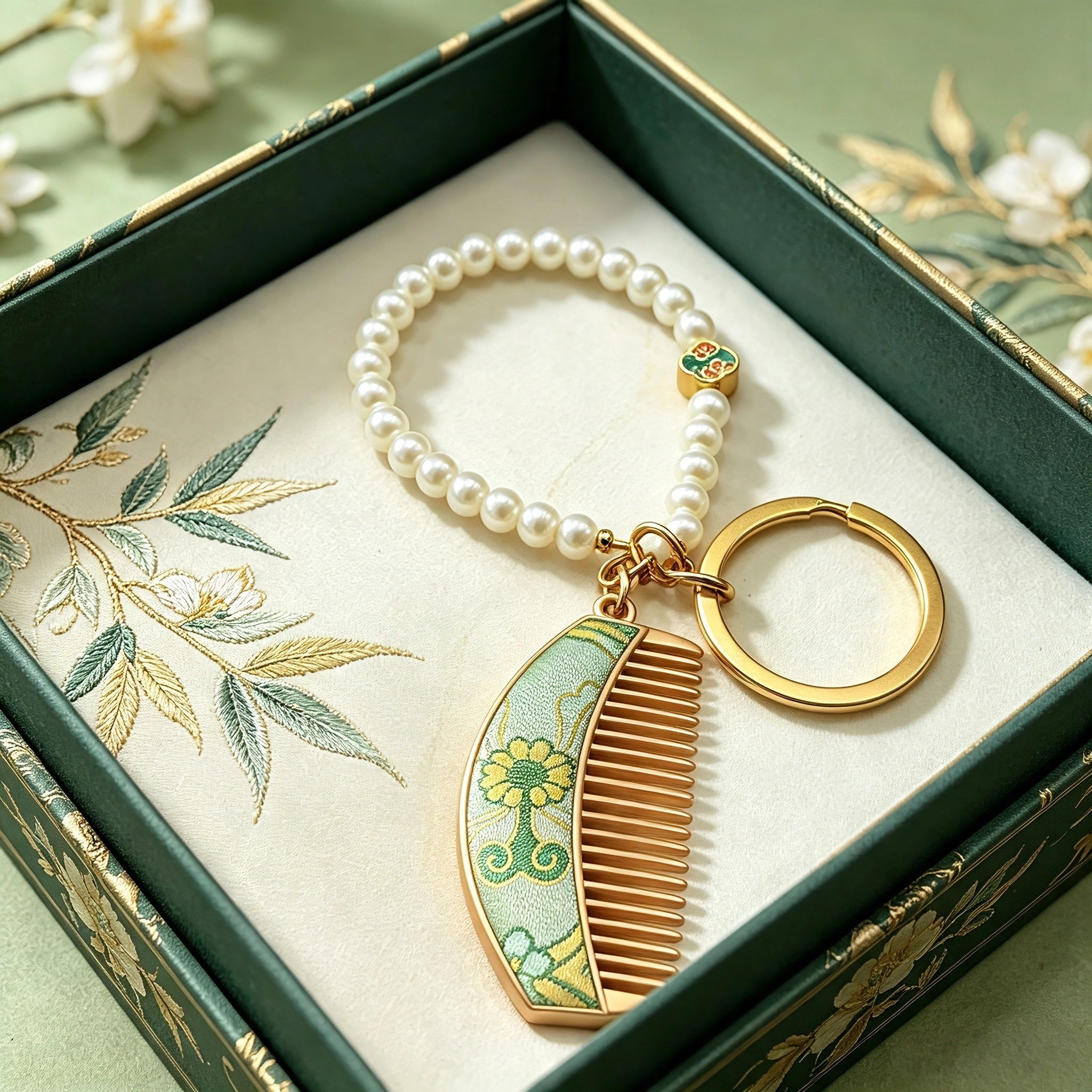  These mini comb keychains are crafted with elegant Chinese Song brocade fabric, showcasing classic traditional patterns in soft green, blush pink, and vintage cream tones. Each delicate hair comb pendant is matched with a glossy pearl lanyard and golden hardware, blending ancient oriental aesthetics with portable daily accessory design. A charming small heritage-style ornament perfect for bags, keys and gifting.
