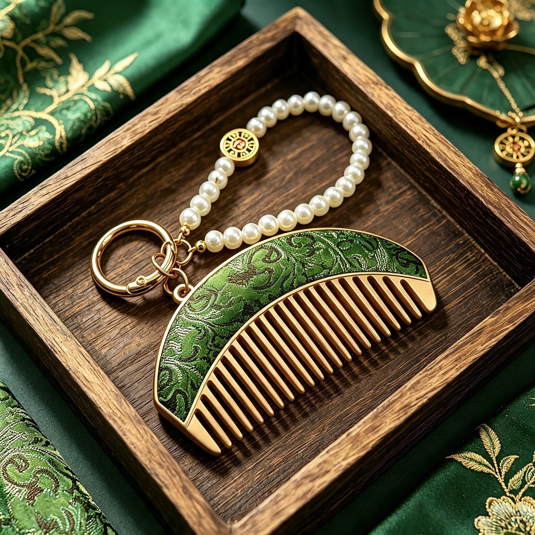 These mini comb keychains are crafted with elegant Chinese Song brocade fabric, showcasing classic traditional patterns in soft green, blush pink, and vintage cream tones. Each delicate hair comb pendant is matched with a glossy pearl lanyard and golden hardware, blending ancient oriental aesthetics with portable daily accessory design. A charming small heritage-style ornament perfect for bags, keys and gifting.