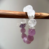 This is a multi gemstones bracelet consists of Kunzite, White Phantom Quartzs and Raw Amethysts. The beads are between 14.5 and 15.5mm. And in the bracelets, there are  hypoallergenic silver spacers and floral accents.