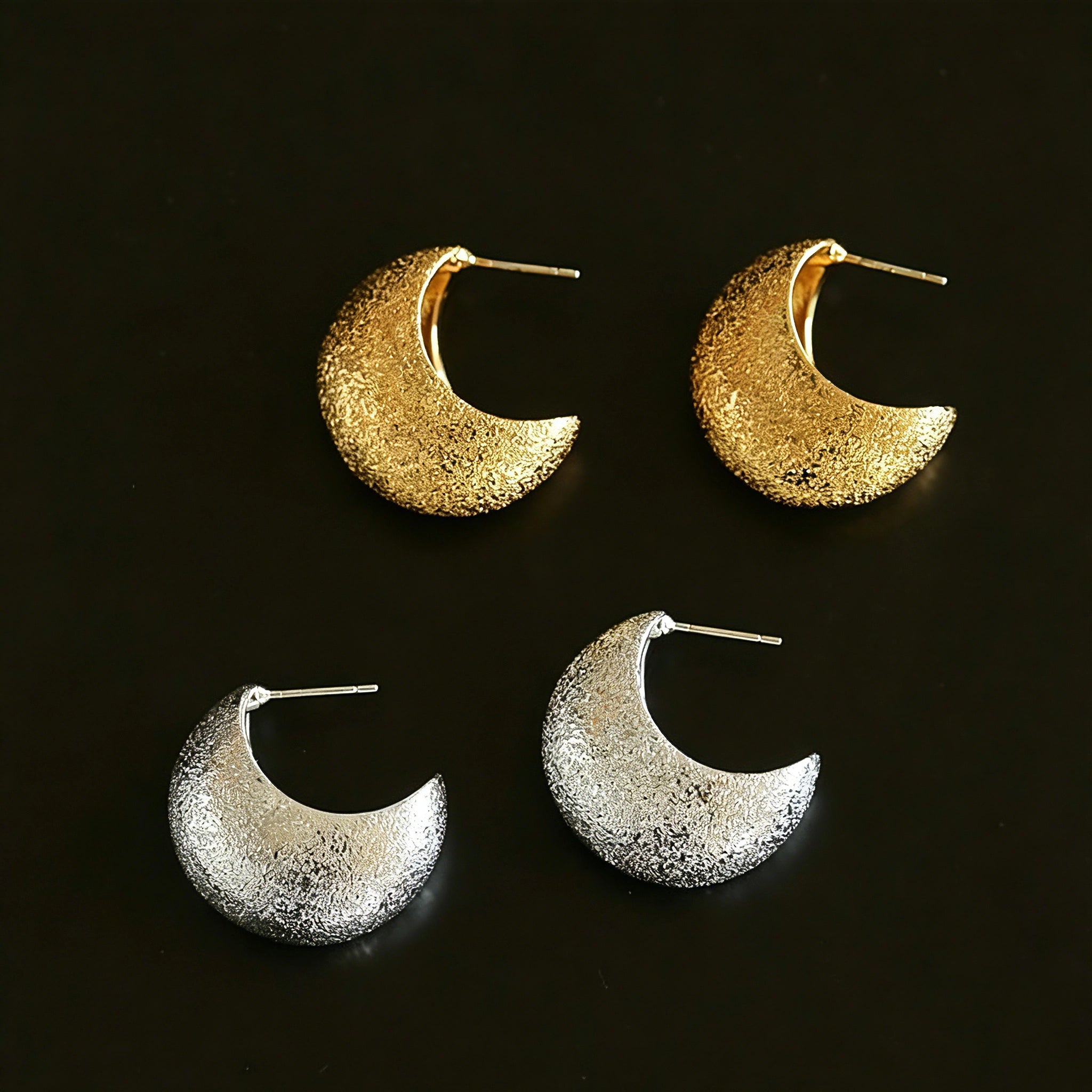 These minimalist high-end stud earrings feature a plump crescent C-shaped design with delicate frosted texture on the whole surface. They are available in two classic colors: elegant gold and versatile silver. With smooth curved lines, the earrings bring understated luxury and fashionable daily wear sense.