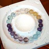 This is a gemstone bracelet consists of different gemstones. They are blue aquamarines, purple amethysts, yellow citrines and transparent clear quartz. It's with 16cm circumference.
