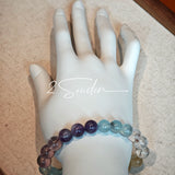 This is a gemstone bracelet consists of different gemstones. They are blue aquamarines, purple amethysts, yellow citrines and transparent clear quartz. It's with 16cm circumference.