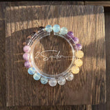 This is a gemstone bracelet consists of different gemstones. They are blue aquamarines, purple amethysts, yellow citrines and transparent clear quartz. It's with 16cm circumference.