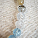 This is a gemstone bracelet consists of different gemstones. They are blue aquamarines, purple amethysts, yellow citrines and transparent clear quartz. It's with 16cm circumference.