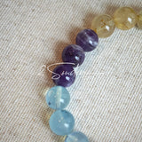 This is a gemstone bracelet consists of different gemstones. They are blue aquamarines, purple amethysts, yellow citrines and transparent clear quartz. It's with 16cm circumference.