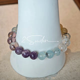 This is a gemstone bracelet consists of different gemstones. They are blue aquamarines, purple amethysts, yellow citrines and transparent clear quartz. It's with 16cm circumference.