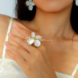 Each piece in this ring and earring set is meticulously crafted from natural mother-of-pearl, showcasing its naturally radiant luster. The large floral design is the main feature of the ring, with rich, vintage-inspired colors and unique natural textures, making each piece one-of-a-kind.