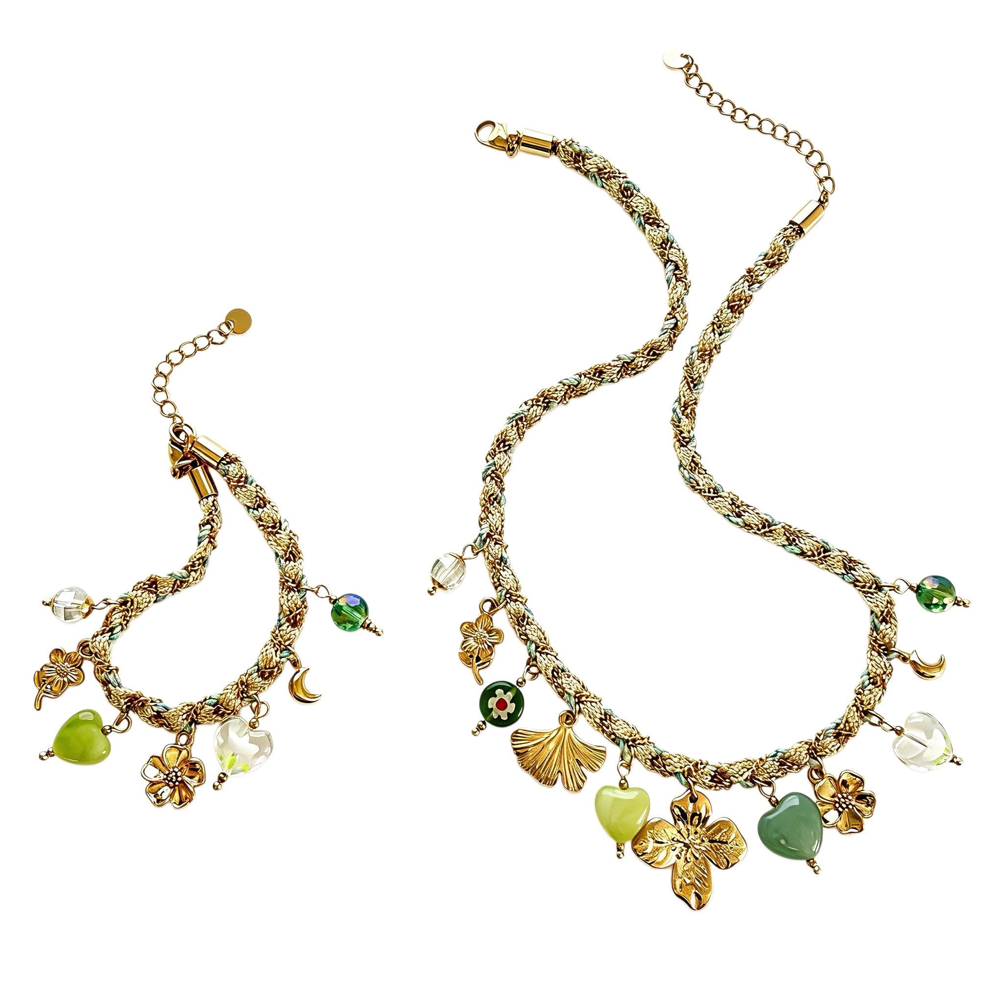This charming jewelry set includes a braided cord necklace and matching bracelet adorned with glossy resin heart charms, polished stainless steel floral pendants and assorted decorative beads. Soft turquoise woven threads blend beautifully with golden metal accents, bringing a fresh, romantic pastoral vibe. Perfect for spring outings, picnic photoshoots, afternoon dates and visits to art markets. It also pairs wonderfully with camisoles and linen outfits for daily commuting, adding gentle natural flair to a