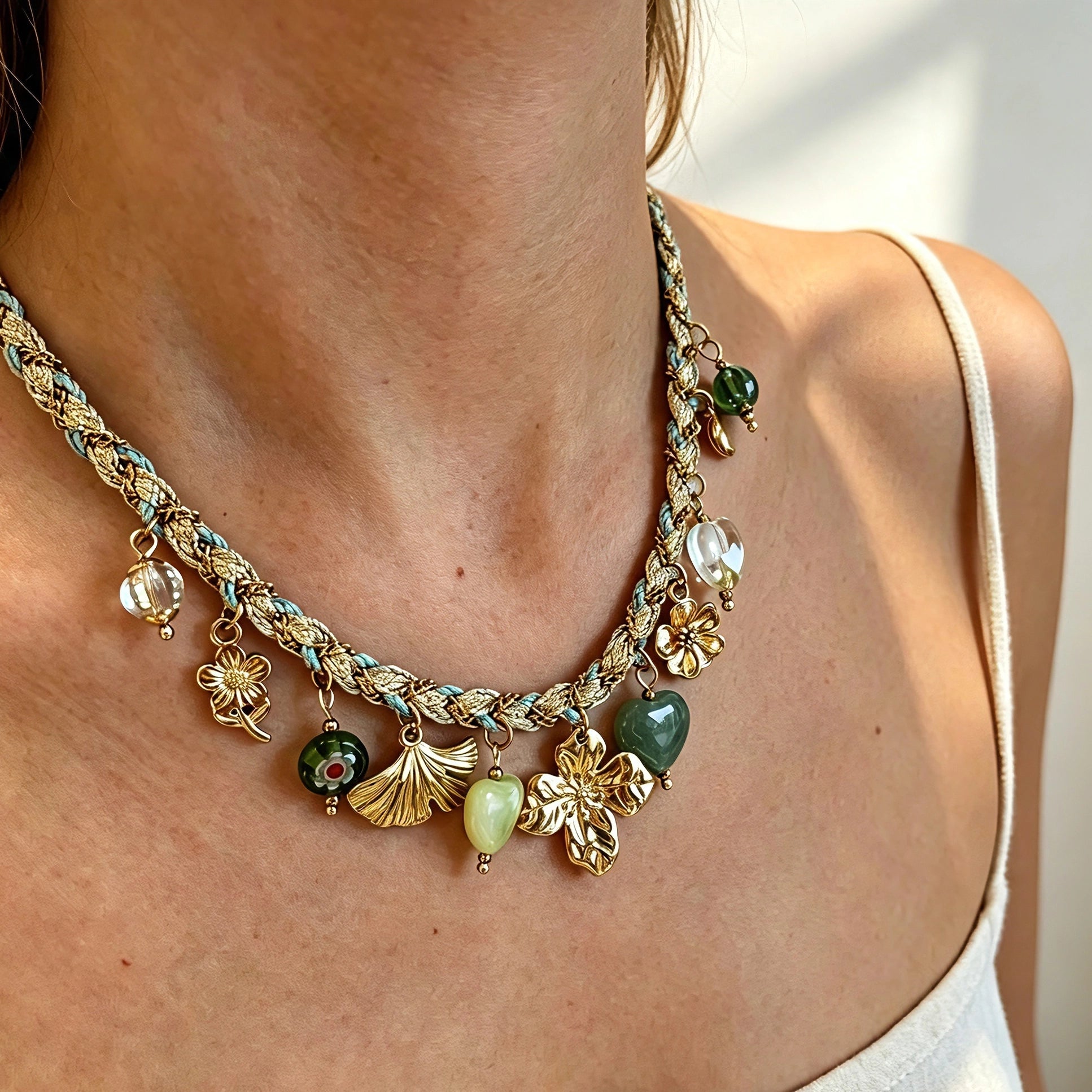 This charming jewelry set includes a braided cord necklace and matching bracelet adorned with glossy resin heart charms, polished stainless steel floral pendants and assorted decorative beads. Soft turquoise woven threads blend beautifully with golden metal accents, bringing a fresh, romantic pastoral vibe. Perfect for spring outings, picnic photoshoots, afternoon dates and visits to art markets. It also pairs wonderfully with camisoles and linen outfits for daily commuting, adding gentle natural flair to a