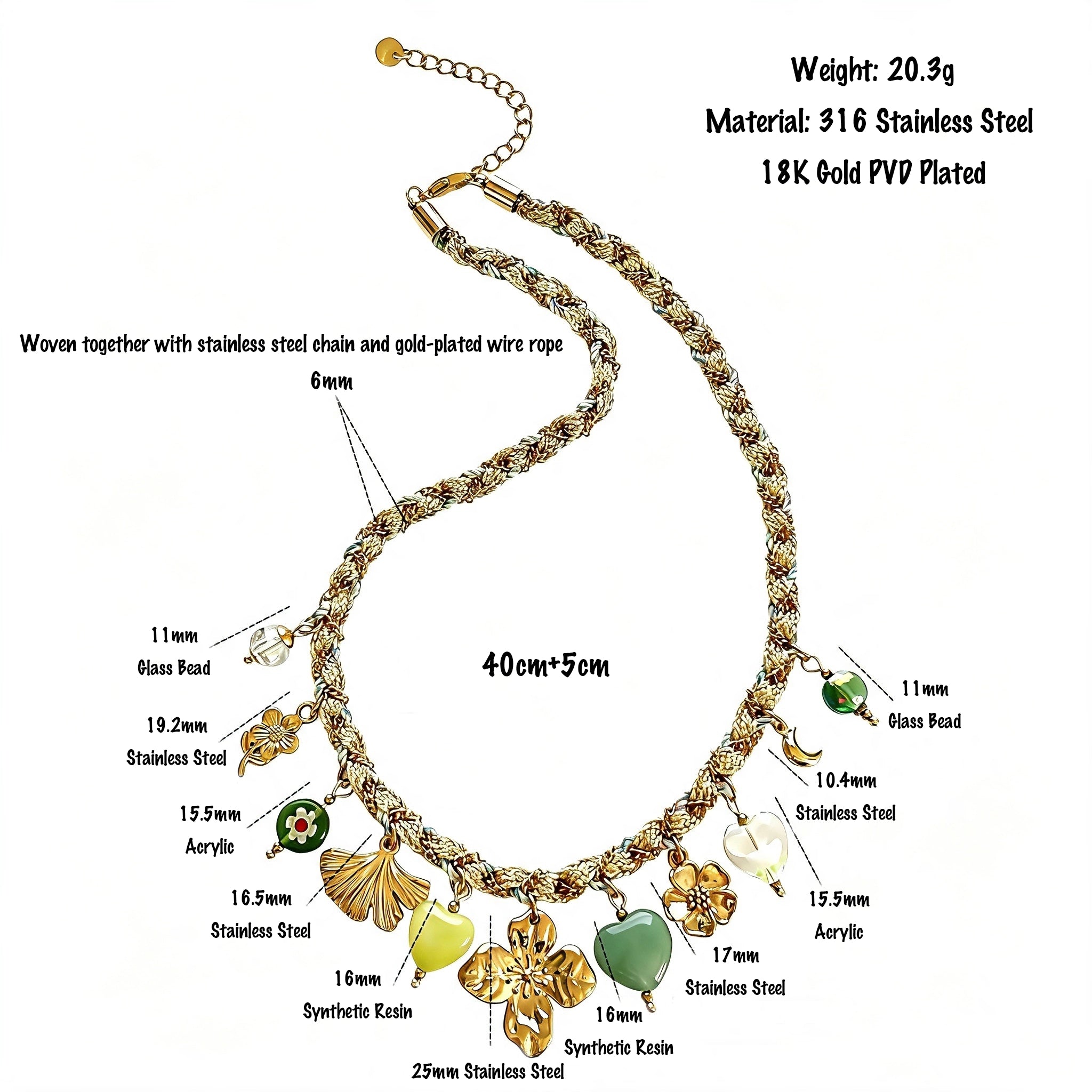 This charming jewelry set includes a braided cord necklace and matching bracelet adorned with glossy resin heart charms, polished stainless steel floral pendants and assorted decorative beads. Soft turquoise woven threads blend beautifully with golden metal accents, bringing a fresh, romantic pastoral vibe. Perfect for spring outings, picnic photoshoots, afternoon dates and visits to art markets. It also pairs wonderfully with camisoles and linen outfits for daily commuting, adding gentle natural flair to a