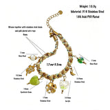 This charming jewelry set includes a braided cord necklace and matching bracelet adorned with glossy resin heart charms, polished stainless steel floral pendants and assorted decorative beads. Soft turquoise woven threads blend beautifully with golden metal accents, bringing a fresh, romantic pastoral vibe. Perfect for spring outings, picnic photoshoots, afternoon dates and visits to art markets. It also pairs wonderfully with camisoles and linen outfits for daily commuting, adding gentle natural flair to a