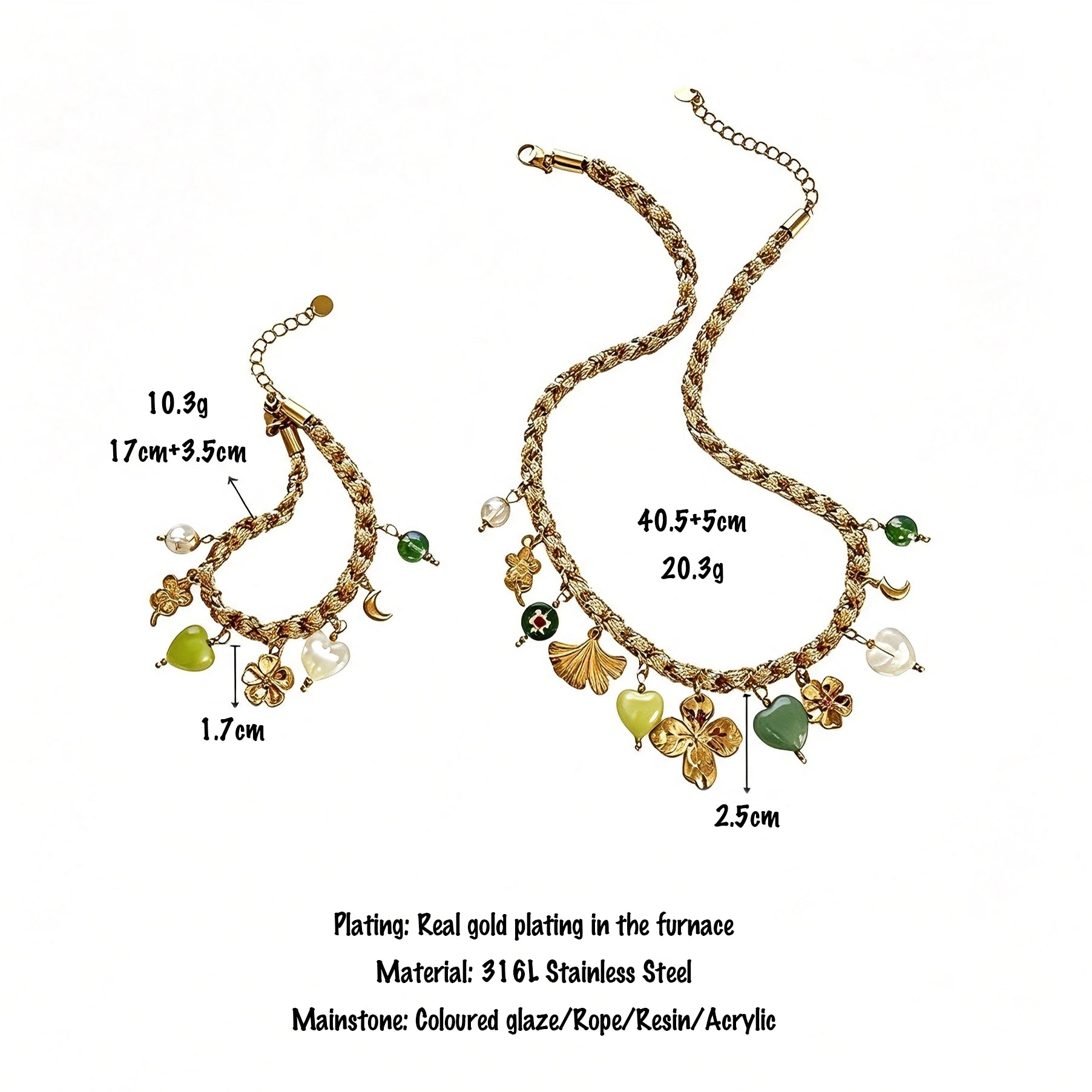 This charming jewelry set includes a braided cord necklace and matching bracelet adorned with glossy resin heart charms, polished stainless steel floral pendants and assorted decorative beads. Soft turquoise woven threads blend beautifully with golden metal accents, bringing a fresh, romantic pastoral vibe. Perfect for spring outings, picnic photoshoots, afternoon dates and visits to art markets. It also pairs wonderfully with camisoles and linen outfits for daily commuting, adding gentle natural flair to a