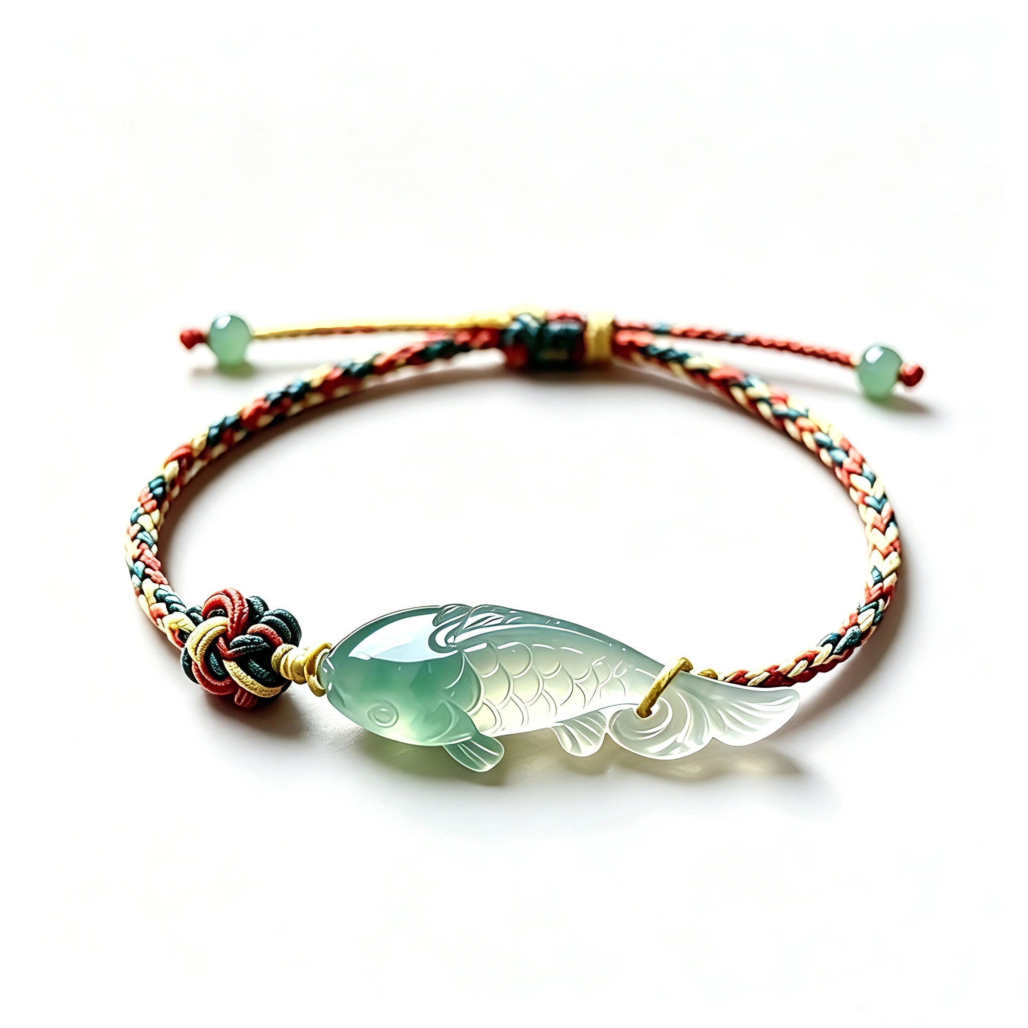 This hand-woven bracelet features a delicate translucent jade fish charm, symbolizing good fortune and abundance. Its vibrant multi-colored braided cord blends retro aesthetics with playful dopamine styling, finished with adjustable knots for a comfortable fit.