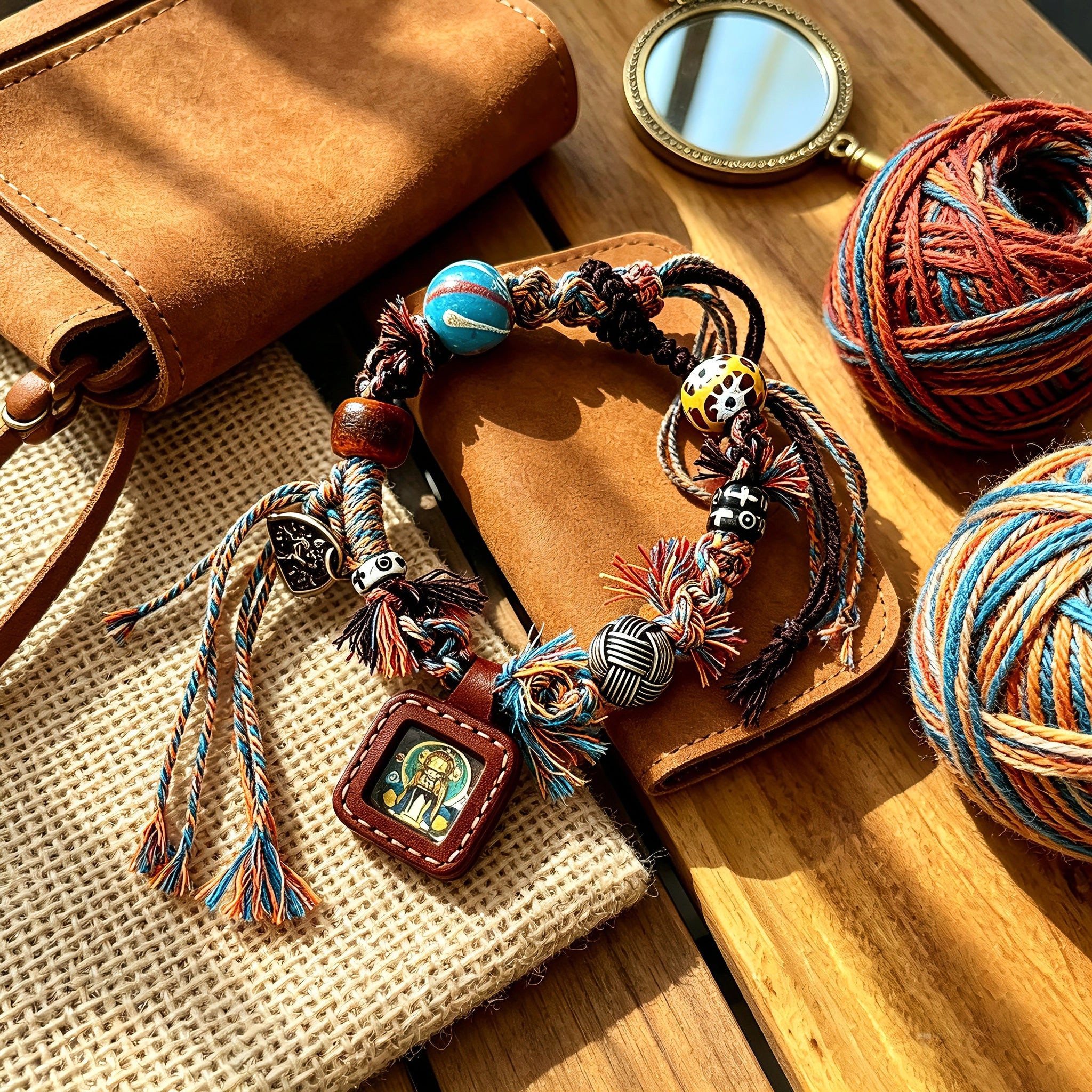This vintage hand-woven bracelet features vibrant mixed-color tassels and diverse decorative beads. It comes with a small leather thangka pendant, blending ethnic charm with playful dopamine styling. Each braided detail is handcrafted for a unique, bohemian look.