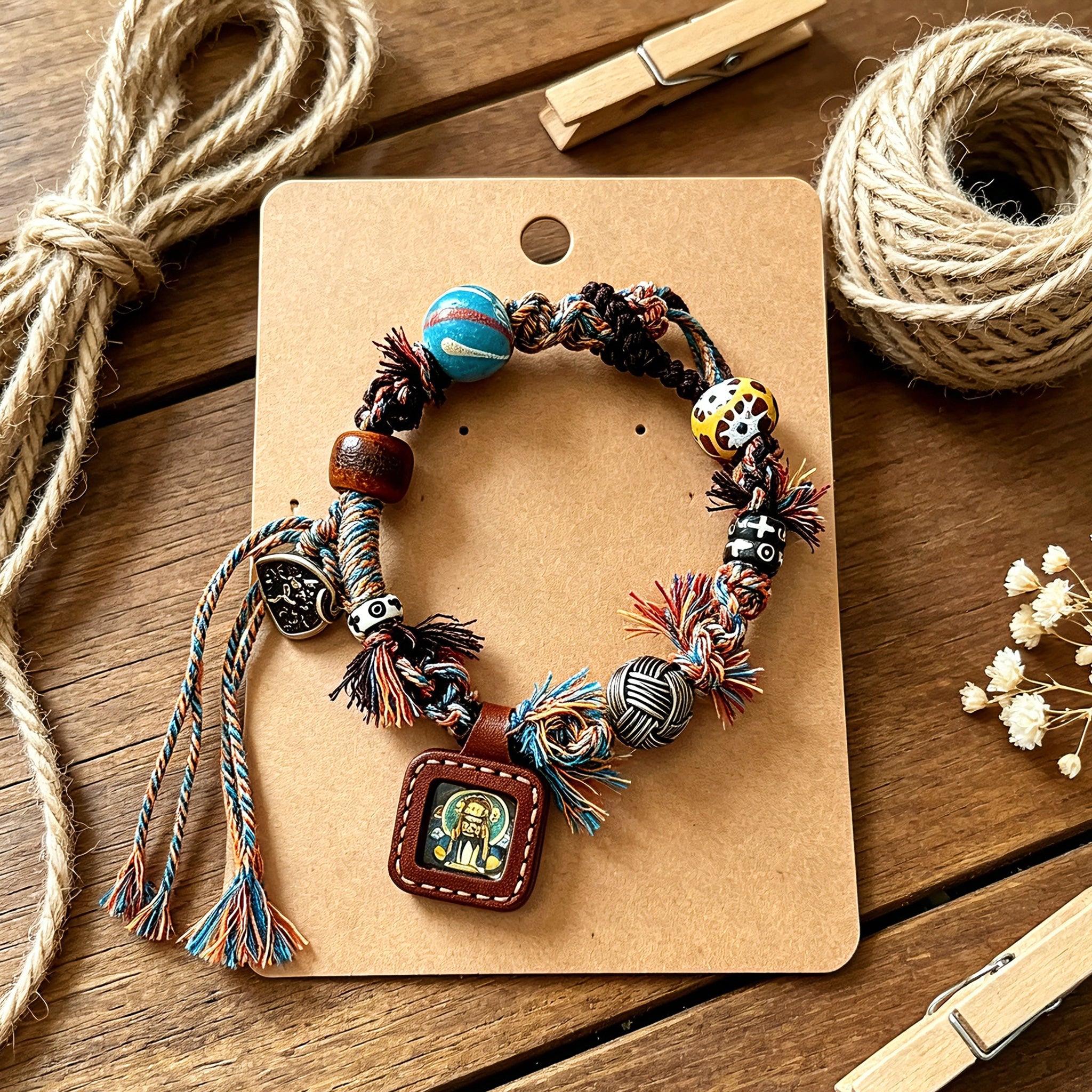 This vintage hand-woven bracelet features vibrant mixed-color tassels and diverse decorative beads. It comes with a small leather thangka pendant, blending ethnic charm with playful dopamine styling. Each braided detail is handcrafted for a unique, bohemian look.