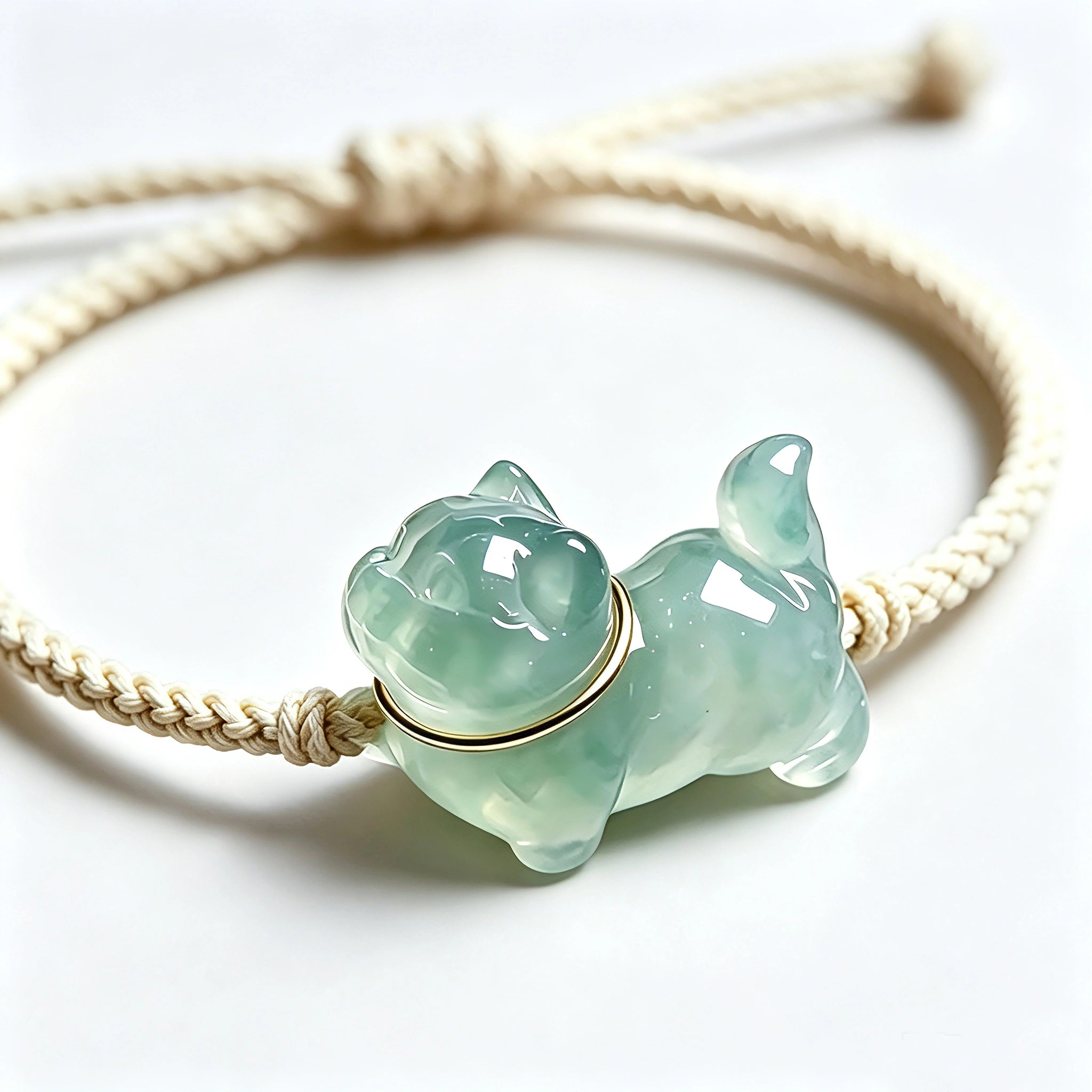 This vintage hand-woven bracelet features a lovely translucent jade-green kitten charm, paired with soft off-white braided cord. The fresh natural bamboo backdrop highlights its gentle, playful dopamine style, perfect as a delicate daily accessory. It has an adjustable knotted design for a comfortable fit on different wrist sizes.