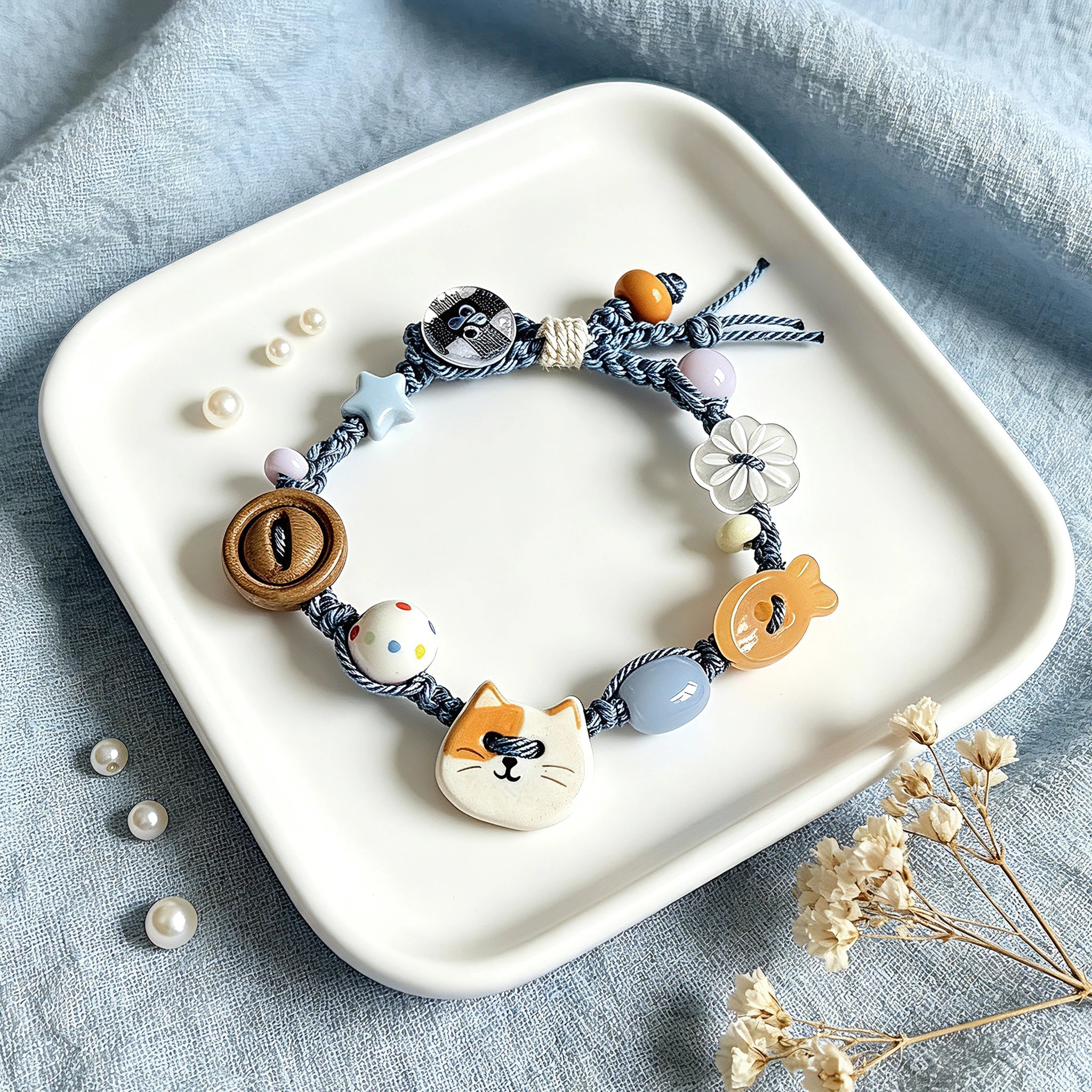 This hand-woven bracelet features lovely cartoon cat and fish charms paired with playful colorful beads. Blending retro texture and dopamine style, it is a delicate handmade accessory full of fun details. The adjustable braided cord makes it easy to wear for daily matching.