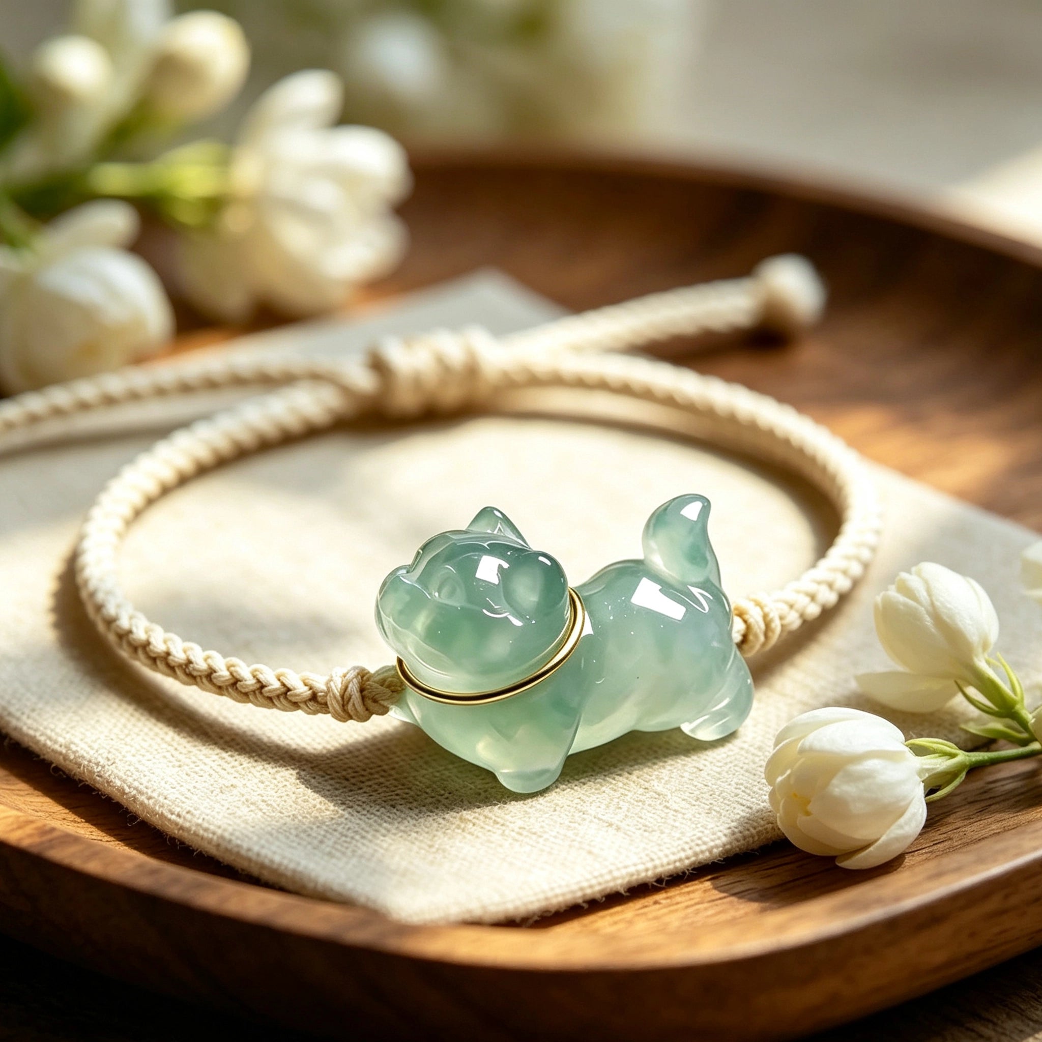 This vintage hand-woven bracelet features a lovely translucent jade-green kitten charm, paired with soft off-white braided cord. The fresh natural bamboo backdrop highlights its gentle, playful dopamine style, perfect as a delicate daily accessory. It has an adjustable knotted design for a comfortable fit on different wrist sizes.