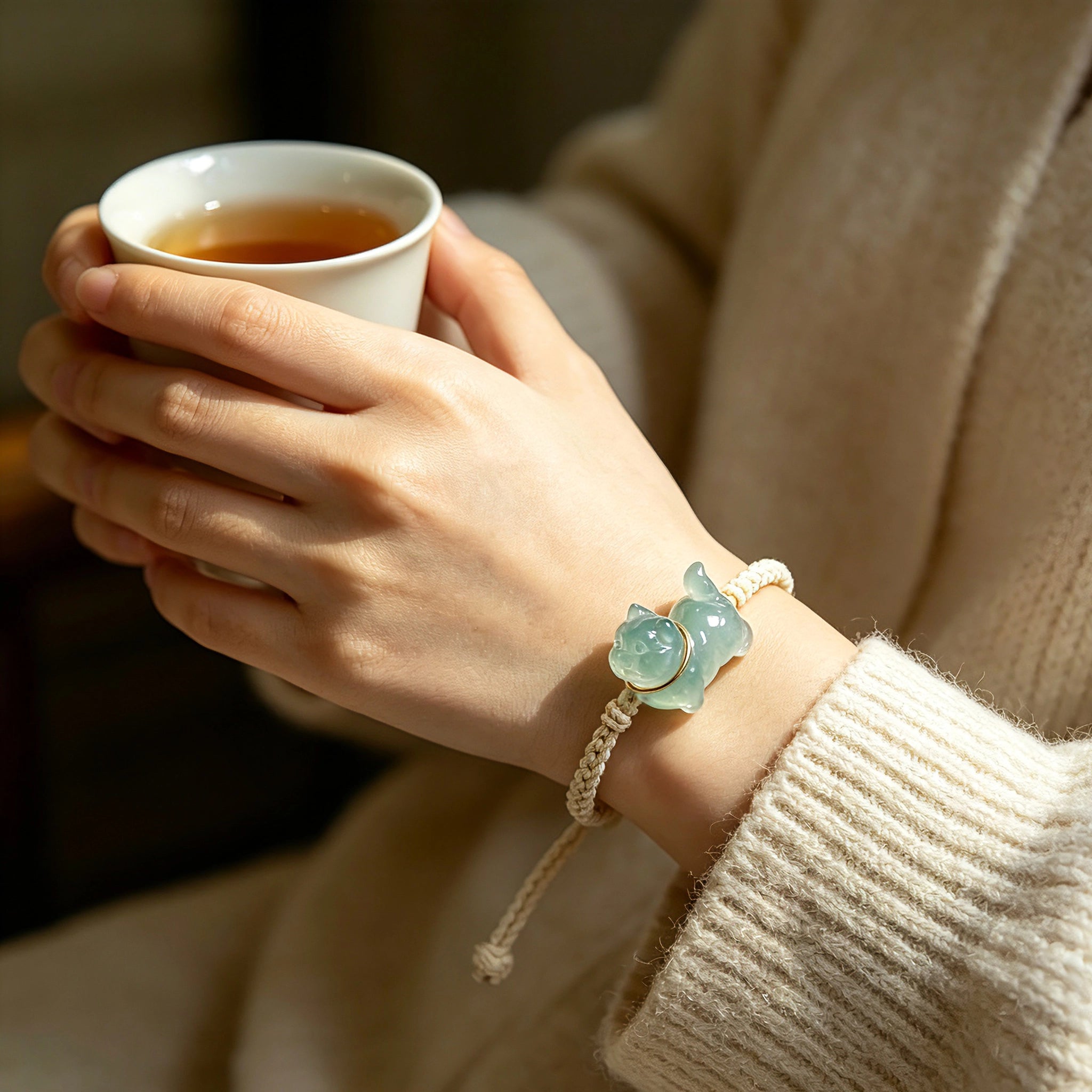 This vintage hand-woven bracelet features a lovely translucent jade-green kitten charm, paired with soft off-white braided cord. The fresh natural bamboo backdrop highlights its gentle, playful dopamine style, perfect as a delicate daily accessory. It has an adjustable knotted design for a comfortable fit on different wrist sizes.
