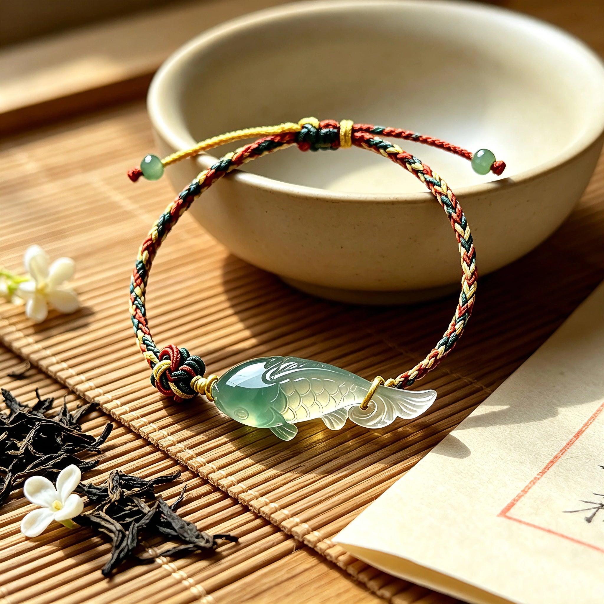 This hand-woven bracelet features a delicate translucent jade fish charm, symbolizing good fortune and abundance. Its vibrant multi-colored braided cord blends retro aesthetics with playful dopamine styling, finished with adjustable knots for a comfortable fit.