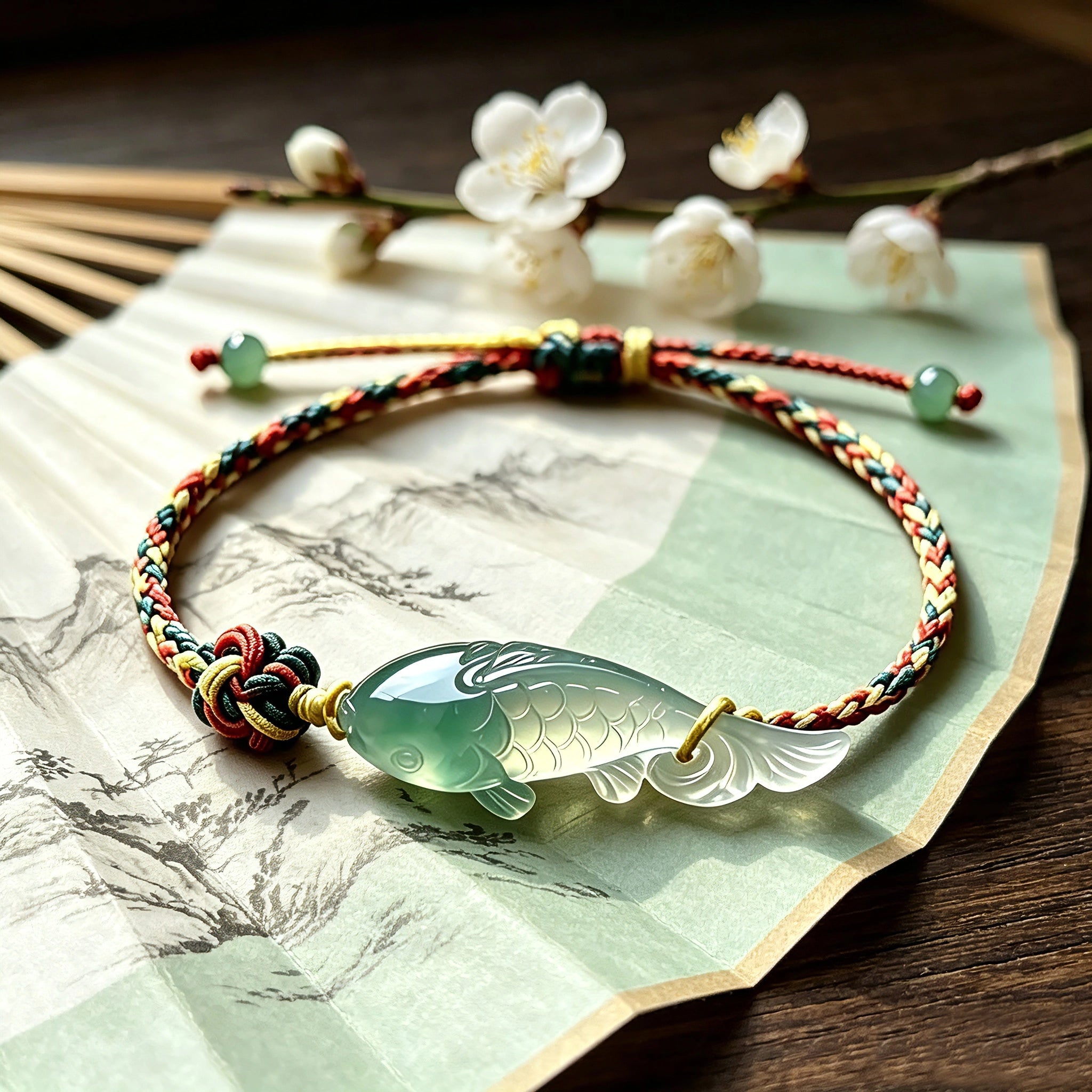 This hand-woven bracelet features a delicate translucent jade fish charm, symbolizing good fortune and abundance. Its vibrant multi-colored braided cord blends retro aesthetics with playful dopamine styling, finished with adjustable knots for a comfortable fit.