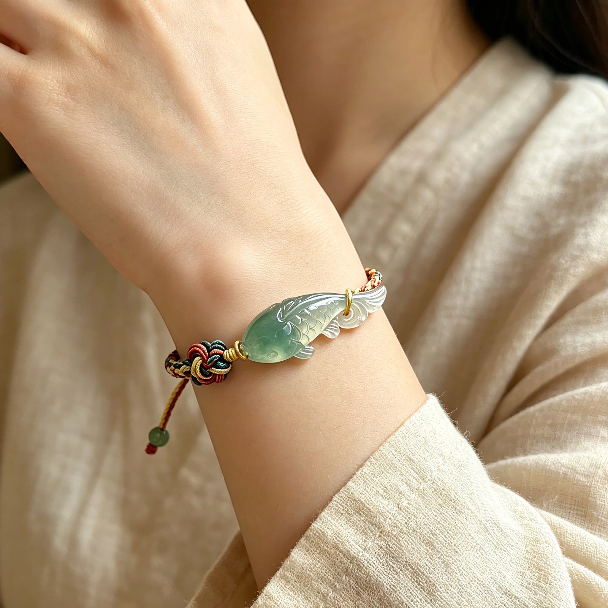 This hand-woven bracelet features a delicate translucent jade fish charm, symbolizing good fortune and abundance. Its vibrant multi-colored braided cord blends retro aesthetics with playful dopamine styling, finished with adjustable knots for a comfortable fit.