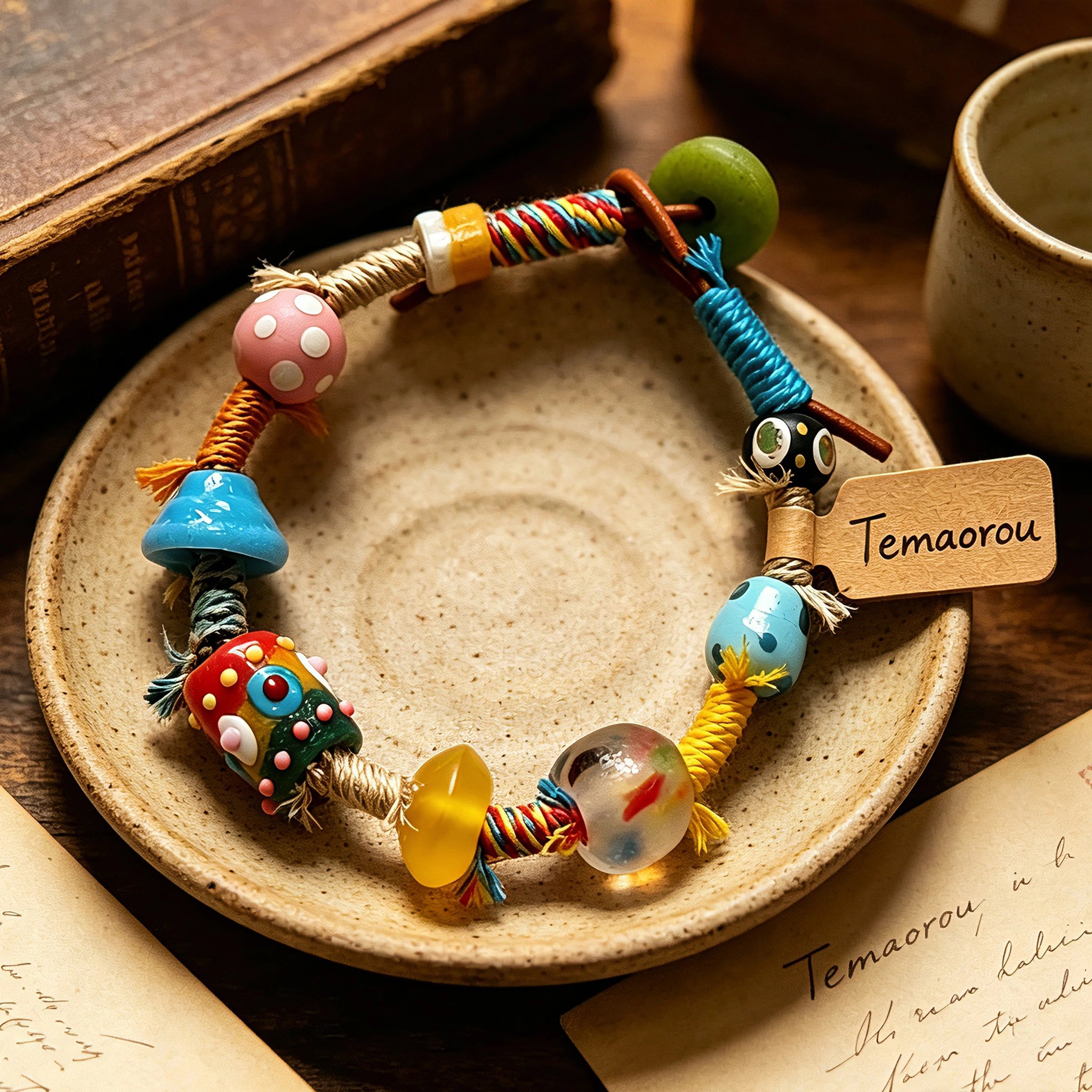 This handmade boho bracelet bursts with vibrant dopamine colors, featuring hand-painted clay beads, twisted linen threads, and quirky sculpted charms. Every bead and wrapped fiber is carefully crafted, bringing playful, retro artistic vibes to your wrist. It is a unique wearable art piece full of whimsical details.