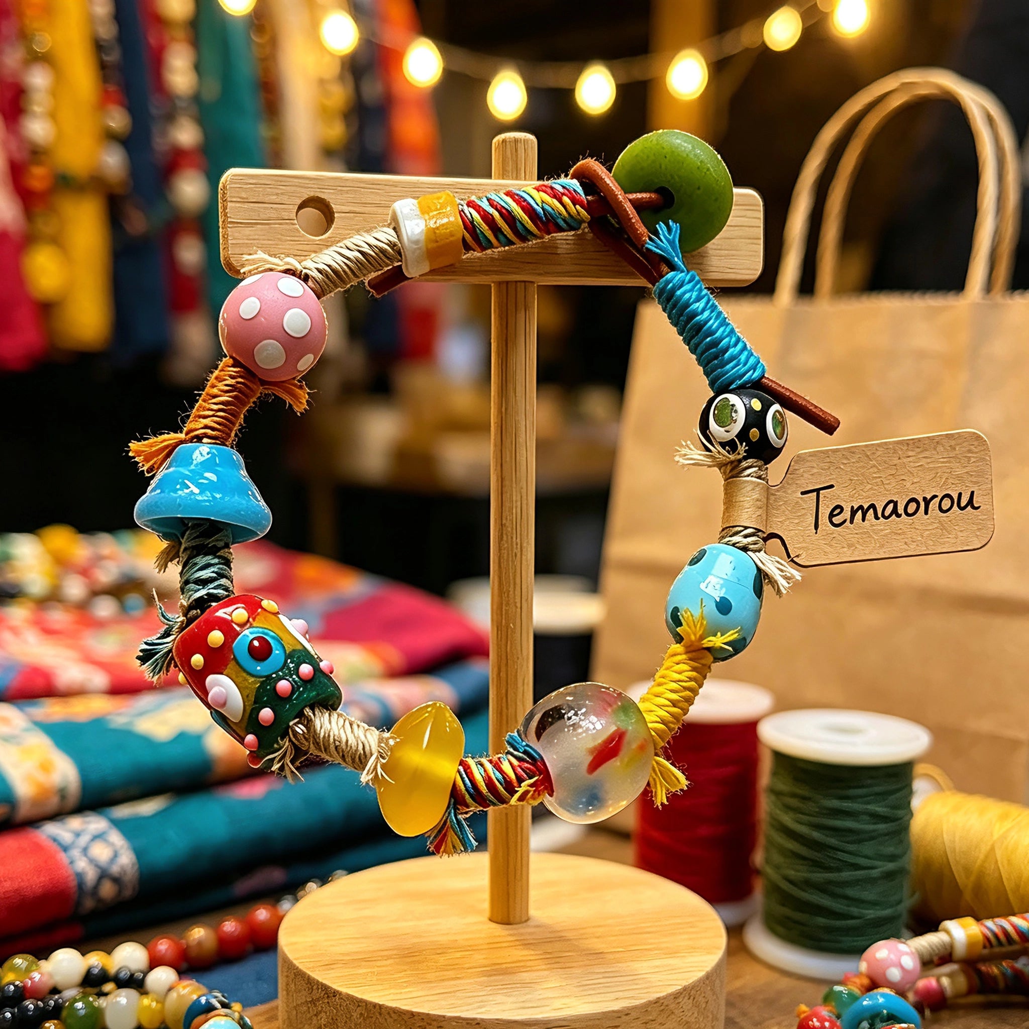 This handmade boho bracelet bursts with vibrant dopamine colors, featuring hand-painted clay beads, twisted linen threads, and quirky sculpted charms. Every bead and wrapped fiber is carefully crafted, bringing playful, retro artistic vibes to your wrist. It is a unique wearable art piece full of whimsical details.