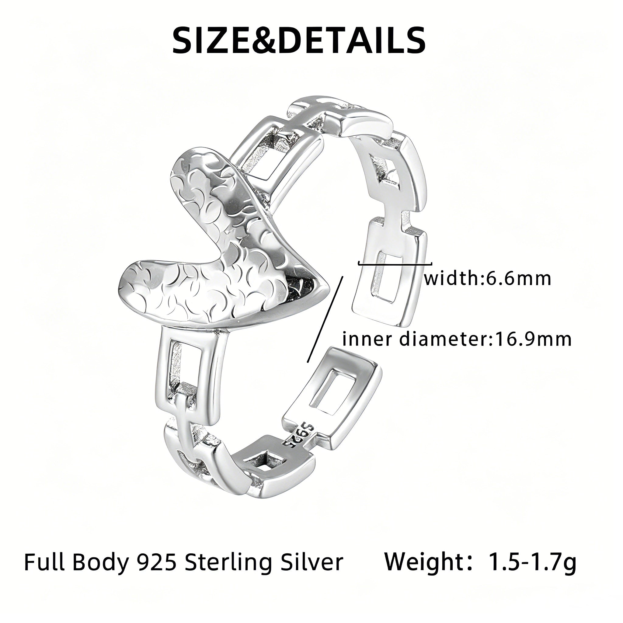 This is an adjustable open ring crafted from S925 sterling silver. It features a modern chain-link band paired with a textured heart-shaped centerpiece, boasting a "crushed ice" finish that delivers a sparkling, dimensional look. The polished silver tone lends a sleek, contemporary vibe to this versatile piece.