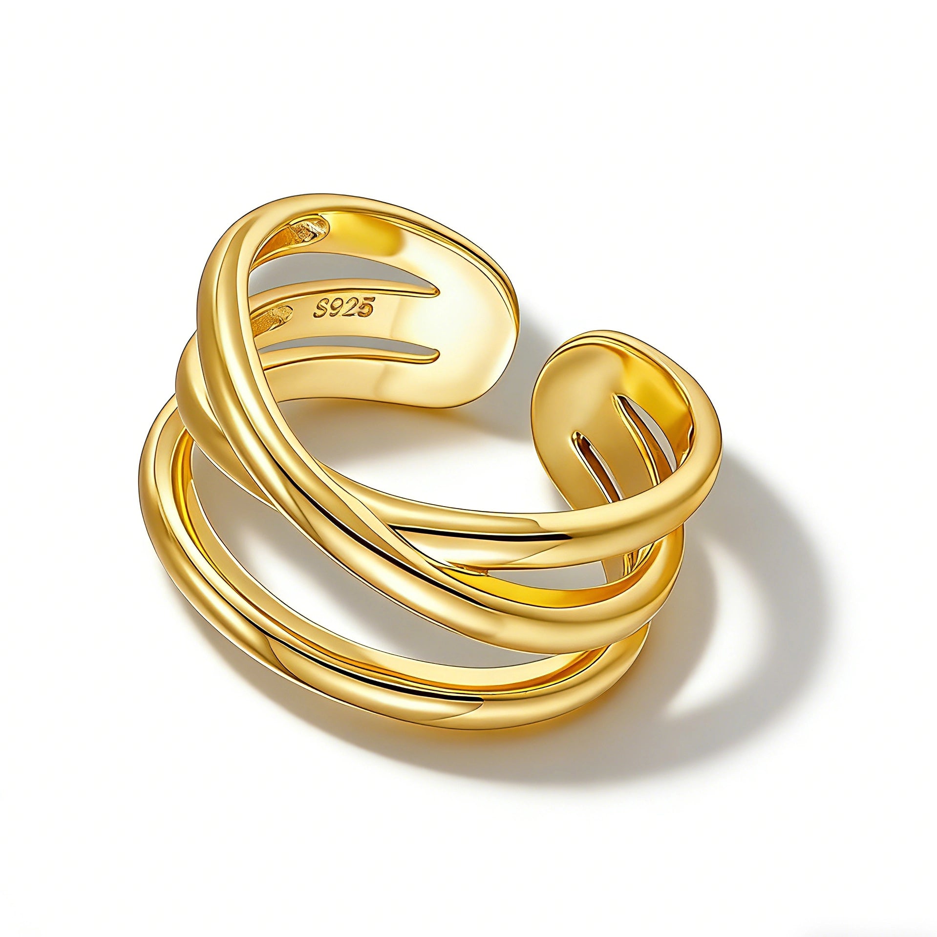 This is a gold-colored open ring crafted from S925 sterling silver, featuring a layered, intertwined design with three smooth, curved bands that overlap elegantly. Its open cuff style allows for adjustable sizing, and the polished surface reflects light to create a sleek, modern aesthetic.