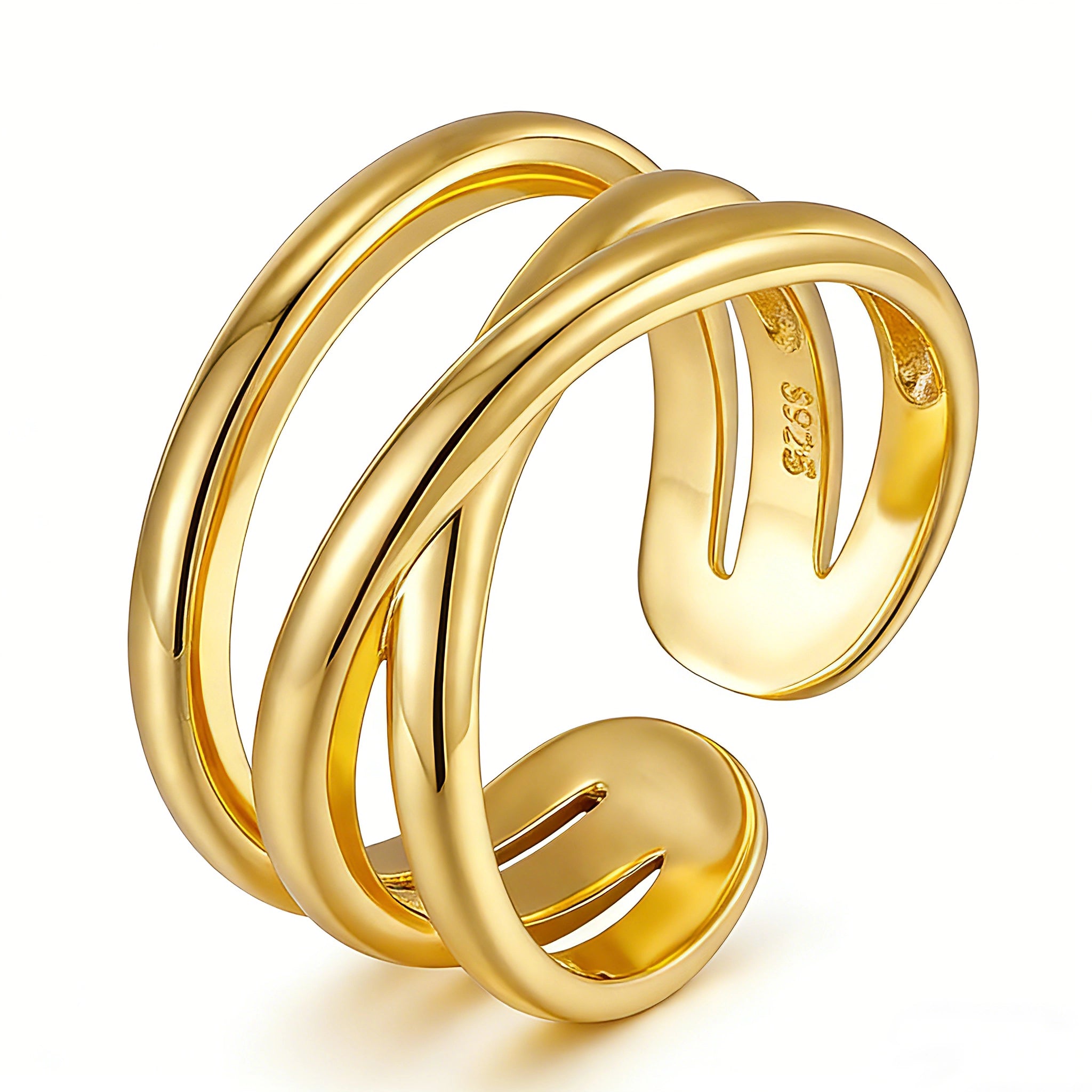 This is a gold-colored open ring crafted from S925 sterling silver, featuring a layered, intertwined design with three smooth, curved bands that overlap elegantly. Its open cuff style allows for adjustable sizing, and the polished surface reflects light to create a sleek, modern aesthetic.