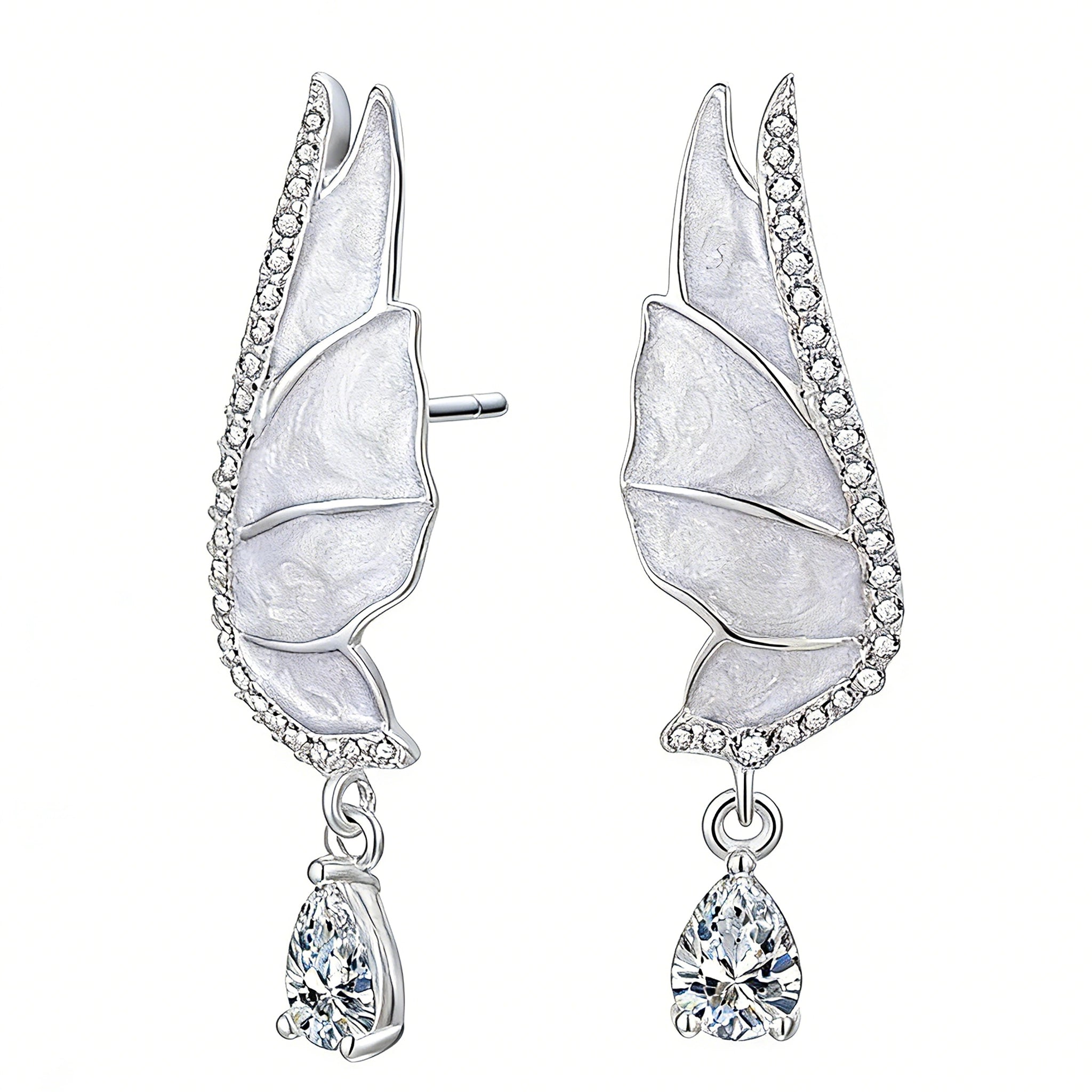 These S925 sterling silver earrings are designed in the shape of delicate butterfly wings, with a resin craft on the wing surfaces and a row of shimmering cubic zirconia along the edges. A teardrop-cut clear gemstone dangles elegantly from the bottom of each wing, adding a graceful and sparkling touch to the overall design.