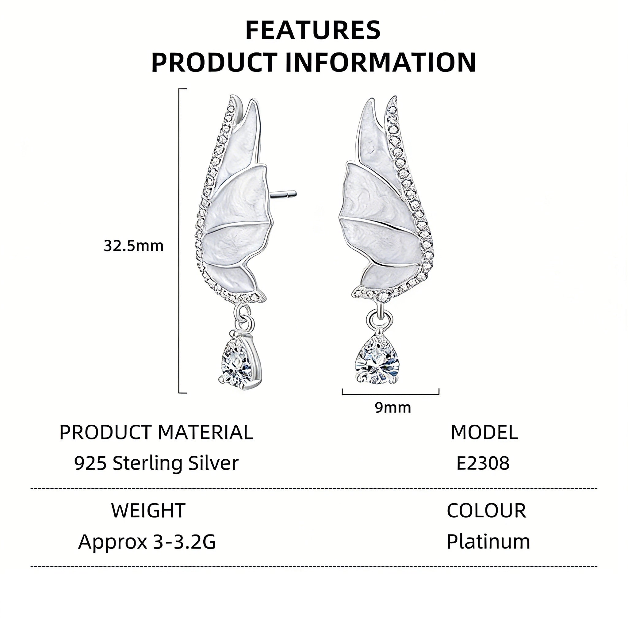 These S925 sterling silver earrings are designed in the shape of delicate butterfly wings, with a resin craft on the wing surfaces and a row of shimmering cubic zirconia along the edges. A teardrop-cut clear gemstone dangles elegantly from the bottom of each wing, adding a graceful and sparkling touch to the overall design.