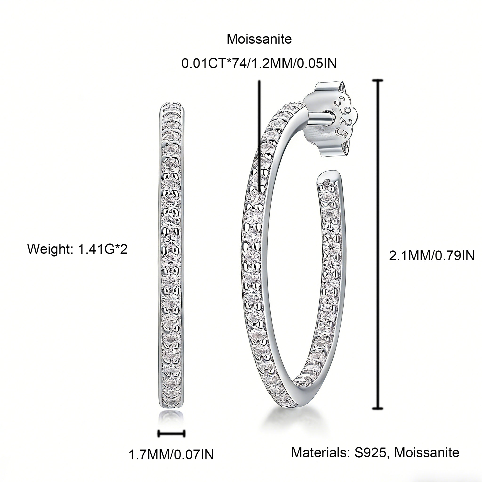 These 925 sterling silver hoop earrings are elegantly lined with sparkling moissanite stones along their entire length, creating a continuous, luminous sheen. The sleek, open-hoop design is secured with a classic butterfly back, blending timeless elegance with modern sophistication. The polished silver finish enhances the brilliance of the moissanite, making them a versatile accessory for both everyday wear and special occasions.