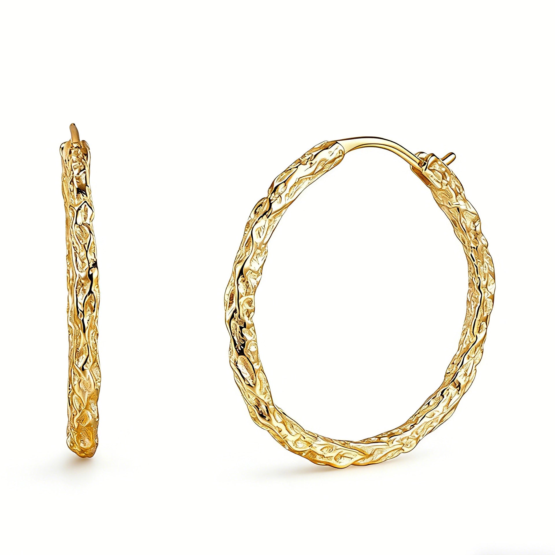 These S925 sterling silver hoop earrings feature a textured, molten lava-like finish in a warm gold tone. The organic, uneven surface creates a rugged, handcrafted appearance, while the classic oval hoop shape adds a timeless, elegant touch to the design. The secure post-back closure ensures comfortable all-day wear.