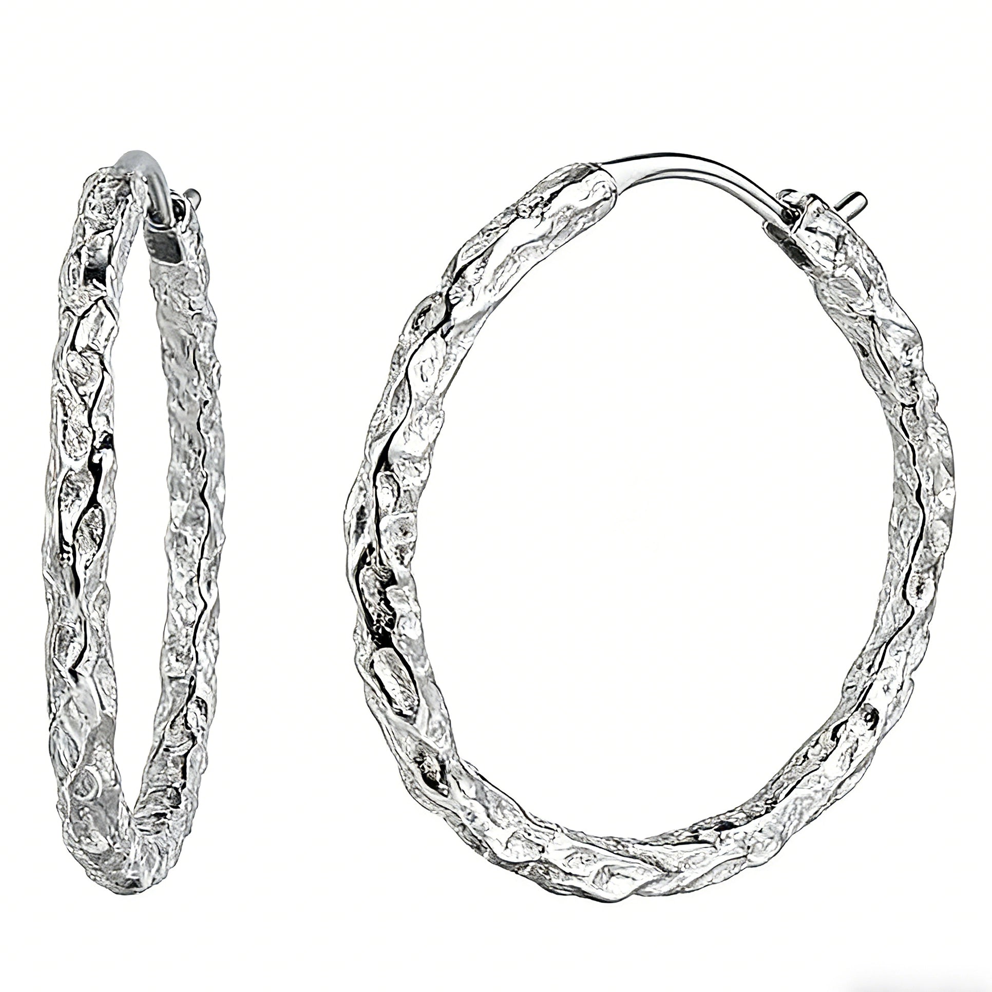 These S925 sterling silver hoop earrings feature a textured, molten lava-like finish in a warm gold tone. The organic, uneven surface creates a rugged, handcrafted appearance, while the classic oval hoop shape adds a timeless, elegant touch to the design. The secure post-back closure ensures comfortable all-day wear.