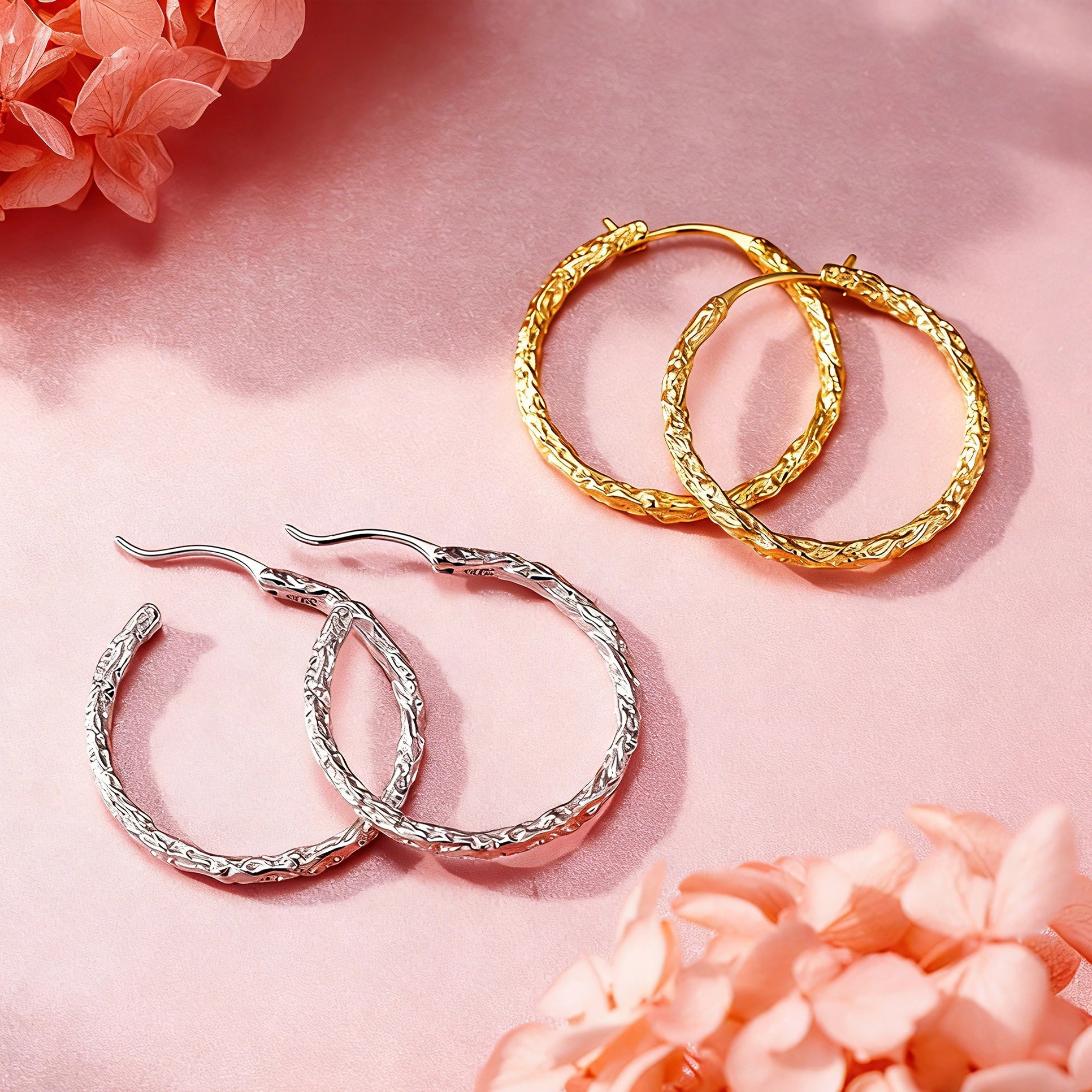 These S925 sterling silver hoop earrings feature a textured, molten lava-like finish in a warm gold tone. The organic, uneven surface creates a rugged, handcrafted appearance, while the classic oval hoop shape adds a timeless, elegant touch to the design. The secure post-back closure ensures comfortable all-day wear.