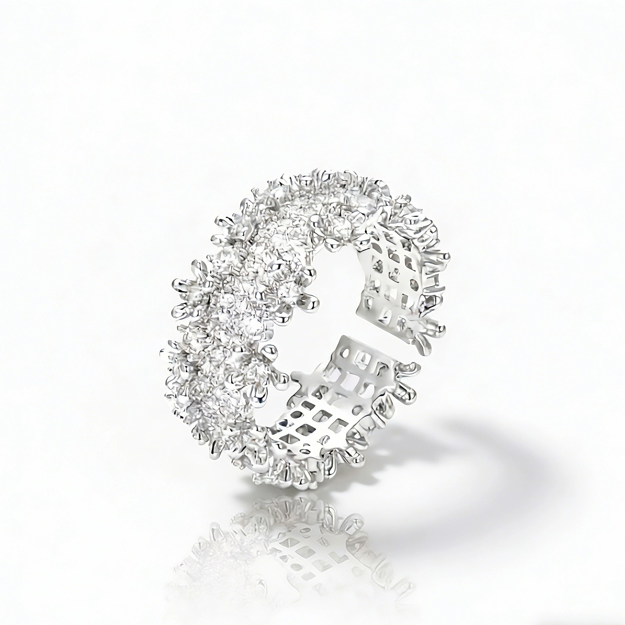 This snowflake zircon open ring features an intricate and textured band, adorned with clusters of sparkling zircon stones that mimic delicate snowflakes. Its adjustable open design ensures a comfortable fit, while the polished copper alloy metal reflects light beautifully, creating an elegant, frosty aesthetic. The detailed craftsmanship gives it a luxurious, eye-catching appearance ideal for adding a wintry charm to any look.
