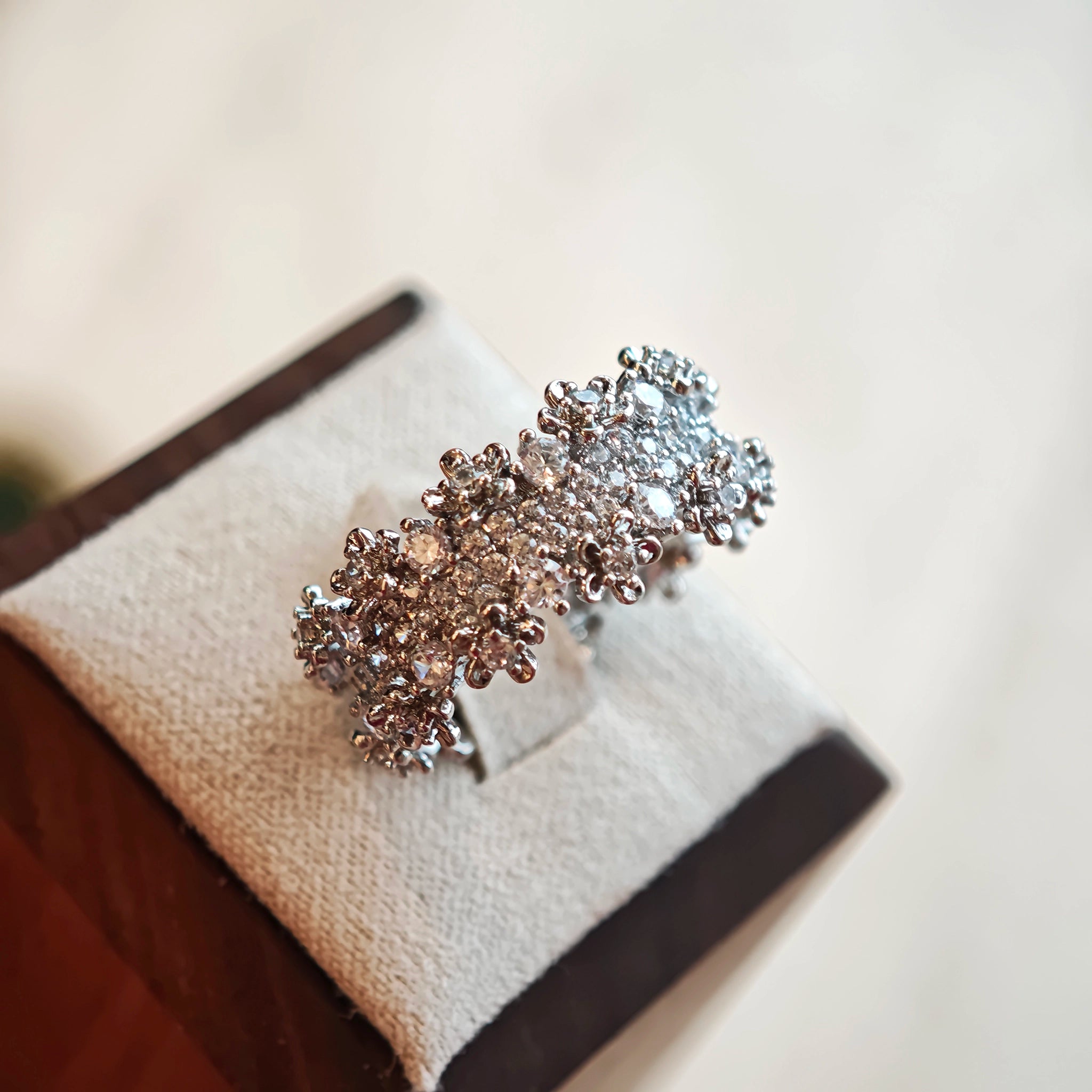 This snowflake zircon open ring features an intricate and textured band, adorned with clusters of sparkling zircon stones that mimic delicate snowflakes. Its adjustable open design ensures a comfortable fit, while the polished copper alloy metal reflects light beautifully, creating an elegant, frosty aesthetic. The detailed craftsmanship gives it a luxurious, eye-catching appearance ideal for adding a wintry charm to any look.
