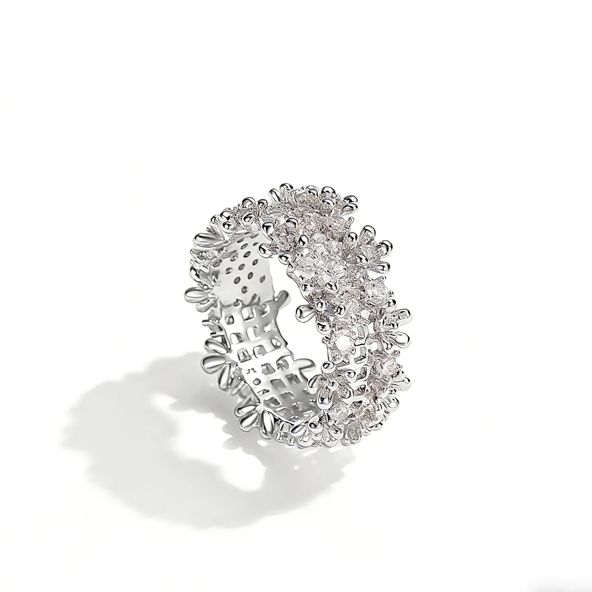 This snowflake zircon open ring features an intricate and textured band, adorned with clusters of sparkling zircon stones that mimic delicate snowflakes. Its adjustable open design ensures a comfortable fit, while the polished copper alloy metal reflects light beautifully, creating an elegant, frosty aesthetic. The detailed craftsmanship gives it a luxurious, eye-catching appearance ideal for adding a wintry charm to any look.