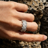 This snowflake zircon open ring features an intricate and textured band, adorned with clusters of sparkling zircon stones that mimic delicate snowflakes. Its adjustable open design ensures a comfortable fit, while the polished copper alloy metal reflects light beautifully, creating an elegant, frosty aesthetic. The detailed craftsmanship gives it a luxurious, eye-catching appearance ideal for adding a wintry charm to any look.
