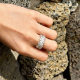 This snowflake zircon open ring features an intricate and textured band, adorned with clusters of sparkling zircon stones that mimic delicate snowflakes. Its adjustable open design ensures a comfortable fit, while the polished copper alloy metal reflects light beautifully, creating an elegant, frosty aesthetic. The detailed craftsmanship gives it a luxurious, eye-catching appearance ideal for adding a wintry charm to any look.