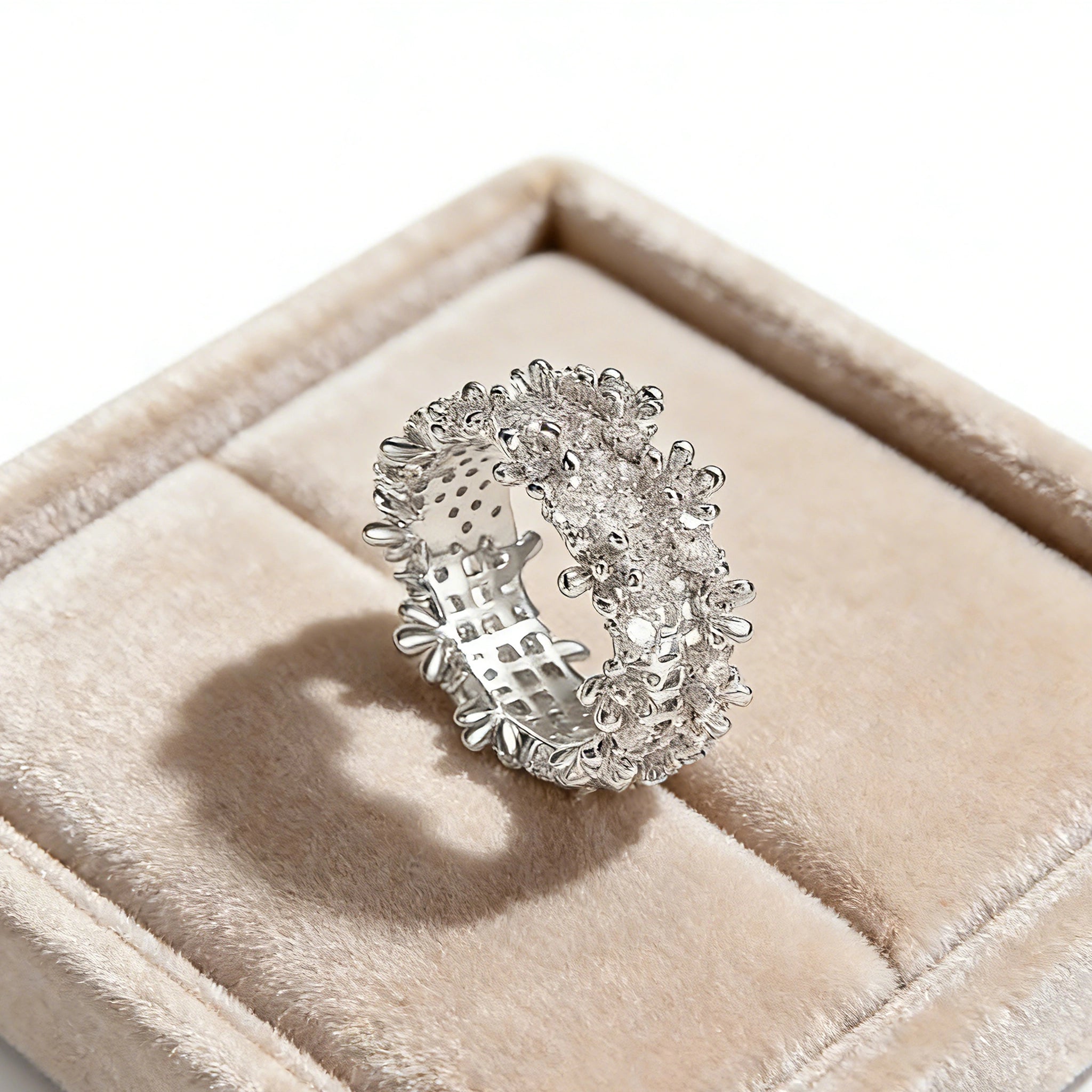 This snowflake zircon open ring features an intricate and textured band, adorned with clusters of sparkling zircon stones that mimic delicate snowflakes. Its adjustable open design ensures a comfortable fit, while the polished copper alloy metal reflects light beautifully, creating an elegant, frosty aesthetic. The detailed craftsmanship gives it a luxurious, eye-catching appearance ideal for adding a wintry charm to any look.