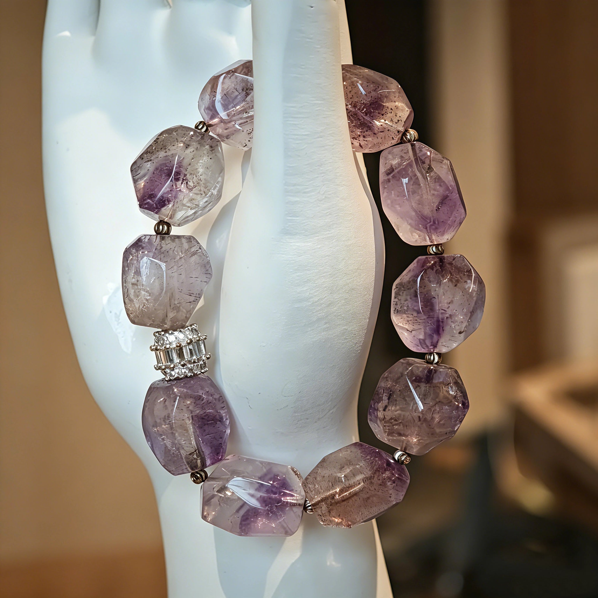 This exquisite Super Seven bracelet showcases irregularly faceted beads in a captivating blend of soft lavender and smoky purple hues, each displaying unique natural inclusions that catch the light beautifully. The polished crystals are seamlessly interspersed with tiny metallic spacer beads, culminating in an ornate silver-tone decorative bead that adds a touch of elegance to the organic design. Crafted with meticulous attention to detail, the bracelet offers a harmonious blend of rare gemstone texture and