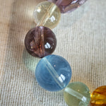 This is a rainbow energy bracelet that consists of Aquamarine, Amethyst, Clear Quartz, White Phantom Quartz, Citrine, Prehnite, Golden Healer, and Herkimer Diamond.