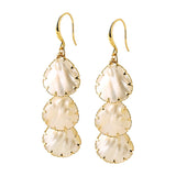 These drop earrings feature three layered natural shell slices with iridescent pearlescent luster. Each shell piece is framed by delicate gold‑tone metal trim for a vintage elegant look. The hook design offers comfortable wear for everyday and special occasions.