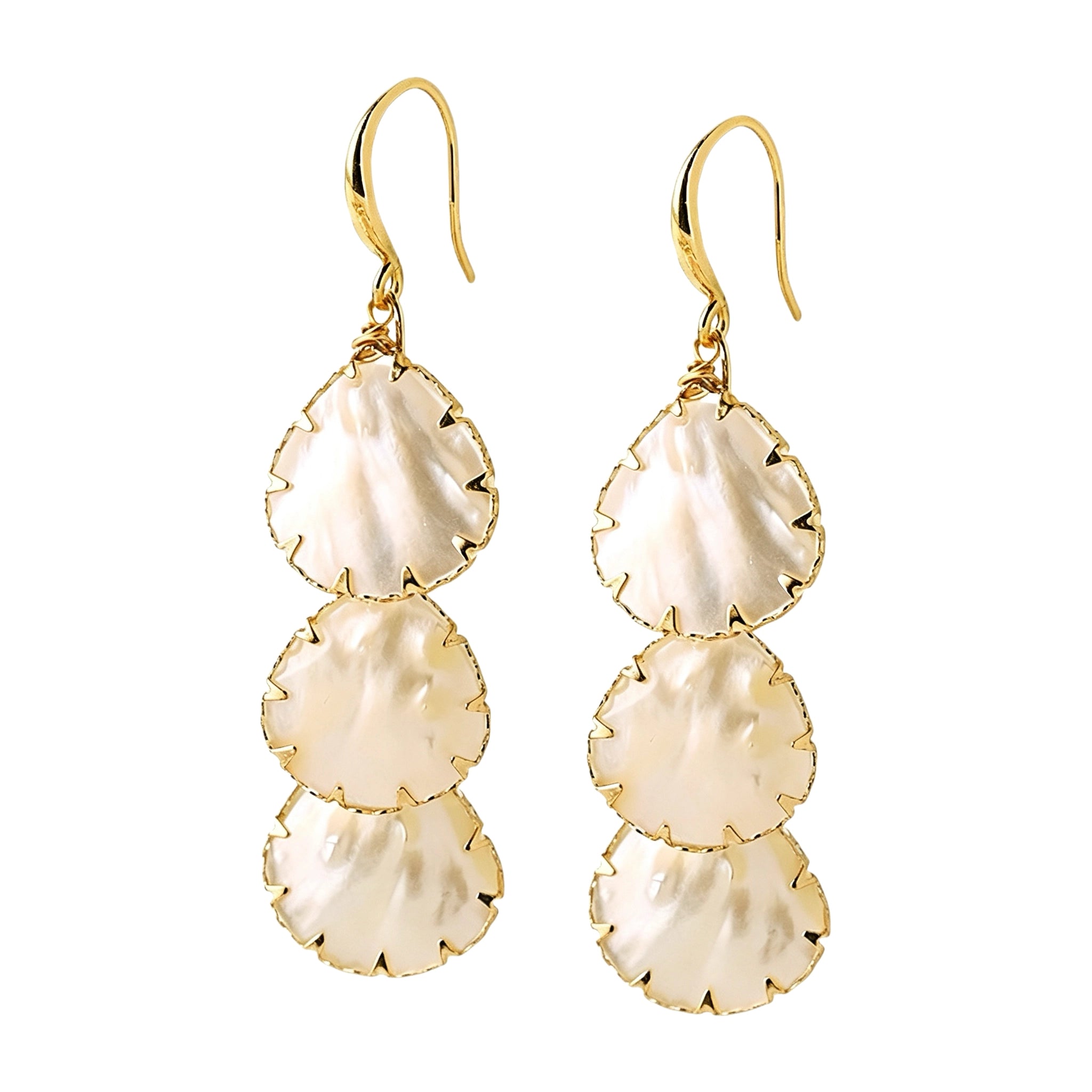 These drop earrings feature three layered natural shell slices with iridescent pearlescent luster. Each shell piece is framed by delicate gold‑tone metal trim for a vintage elegant look. The hook design offers comfortable wear for everyday and special occasions.