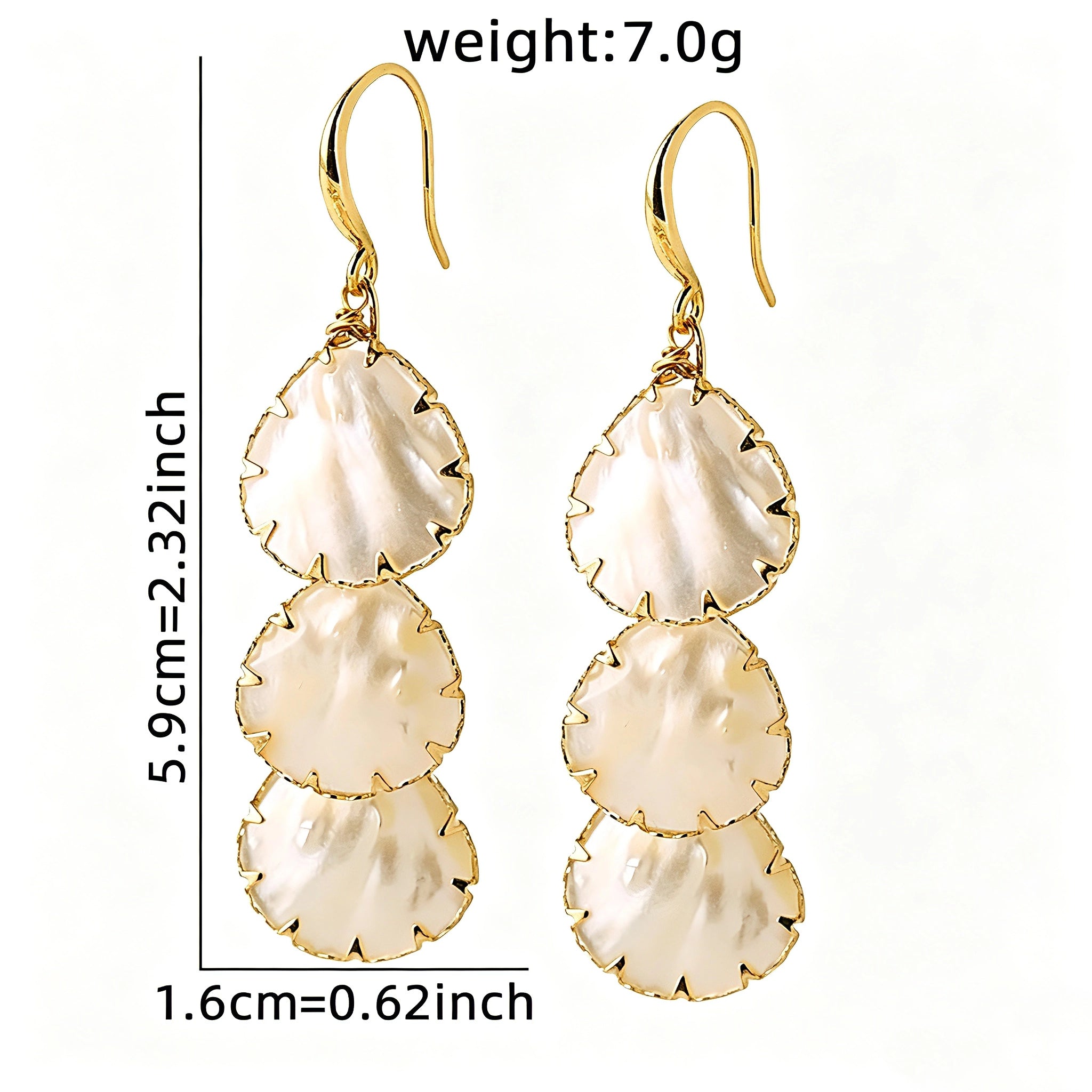 These drop earrings feature three layered natural shell slices with iridescent pearlescent luster. Each shell piece is framed by delicate gold‑tone metal trim for a vintage elegant look. The hook design offers comfortable wear for everyday and special occasions.